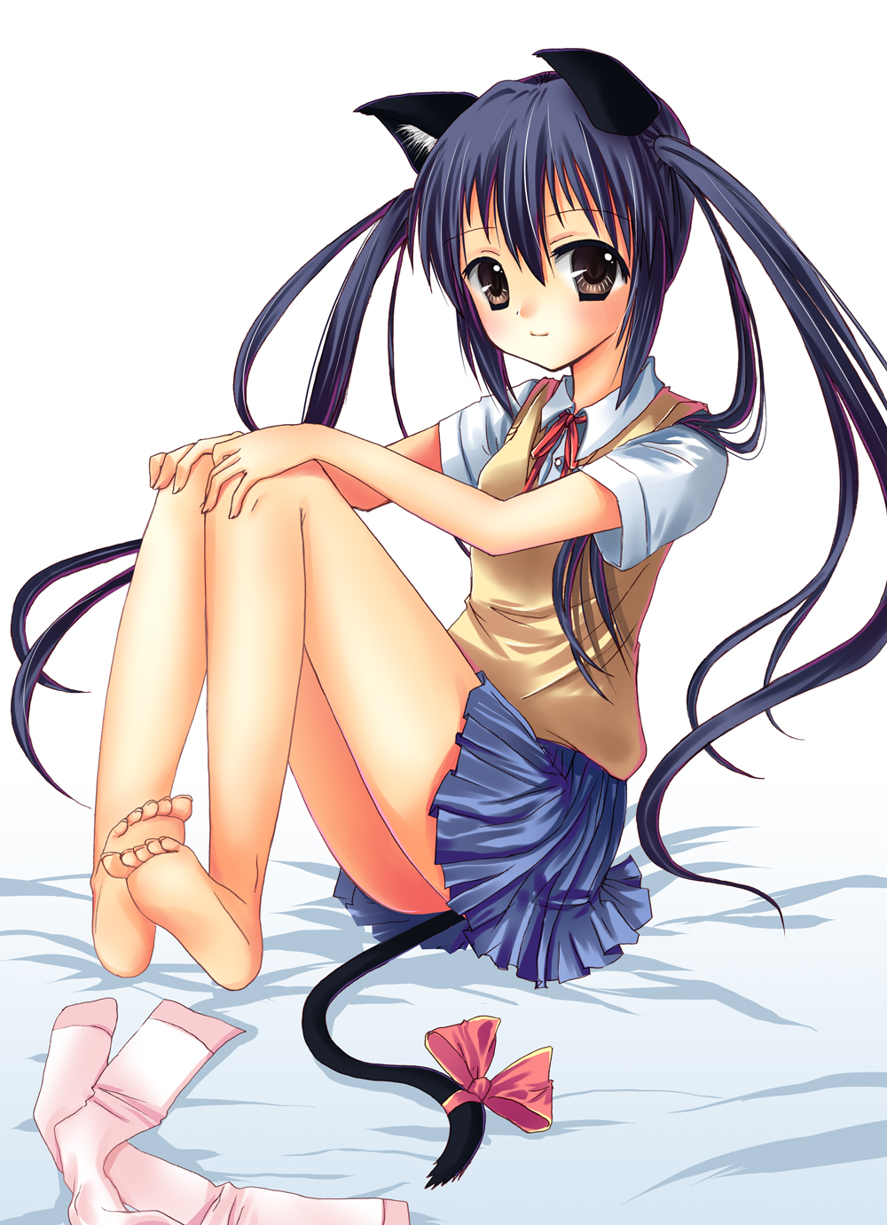 hanahanamaki, nakano azusa, k-on!, bad id, bad pixiv id, highres, 00s, 1girl, animal ears, bad anatomy, bad feet, barefoot, blue eyes, brown eyes, cat ears, cat girl, cat tail, feet, female focus, full body, long hair, neck ribbon, poorly drawn, red ribbon, ribbon, school uniform, socks, soles, solo, tail, twintails