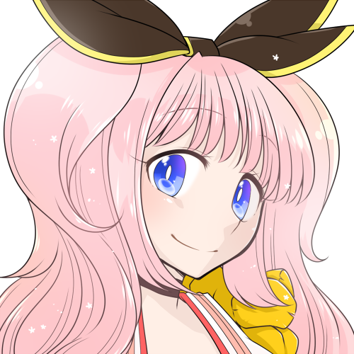 iyofika, oboro (ragnarok online), ragnarok online, commentary request, lowres, 1girl, black choker, blue eyes, blush, bow, bright pupils, brown bow, choker, closed mouth, hair bow, long hair, looking at viewer, pink hair, portrait, simple background, smile, solo, two side up, white background, white pupils