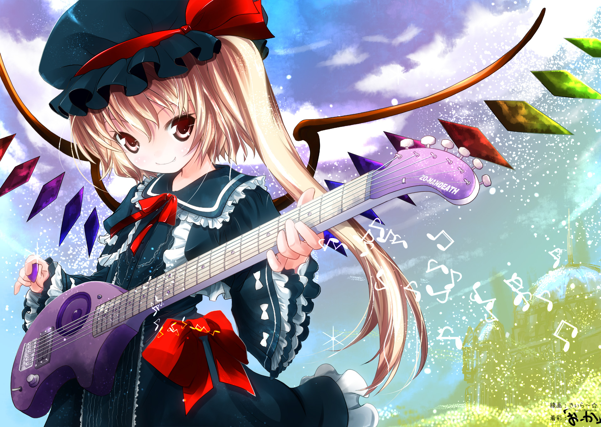 kiira, ooka (skavler), flandre scarlet, touhou, colorized, highres, 1girl, blonde hair, female focus, gothic lolita, guitar, hat, instrument, lolita fashion, musical note, red eyes, solo, wings