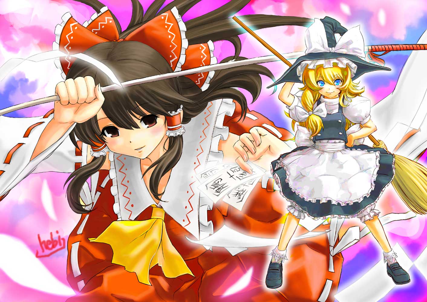 hebina masayoshi, hakurei reimu, kirisame marisa, touhou, bad id, bad pixiv id, 2girls, blonde hair, blue eyes, bow, broom, brown eyes, brown hair, detached sleeves, female focus, hat, japanese clothes, long hair, miko, multiple girls, ofuda, short hair, witch, witch hat