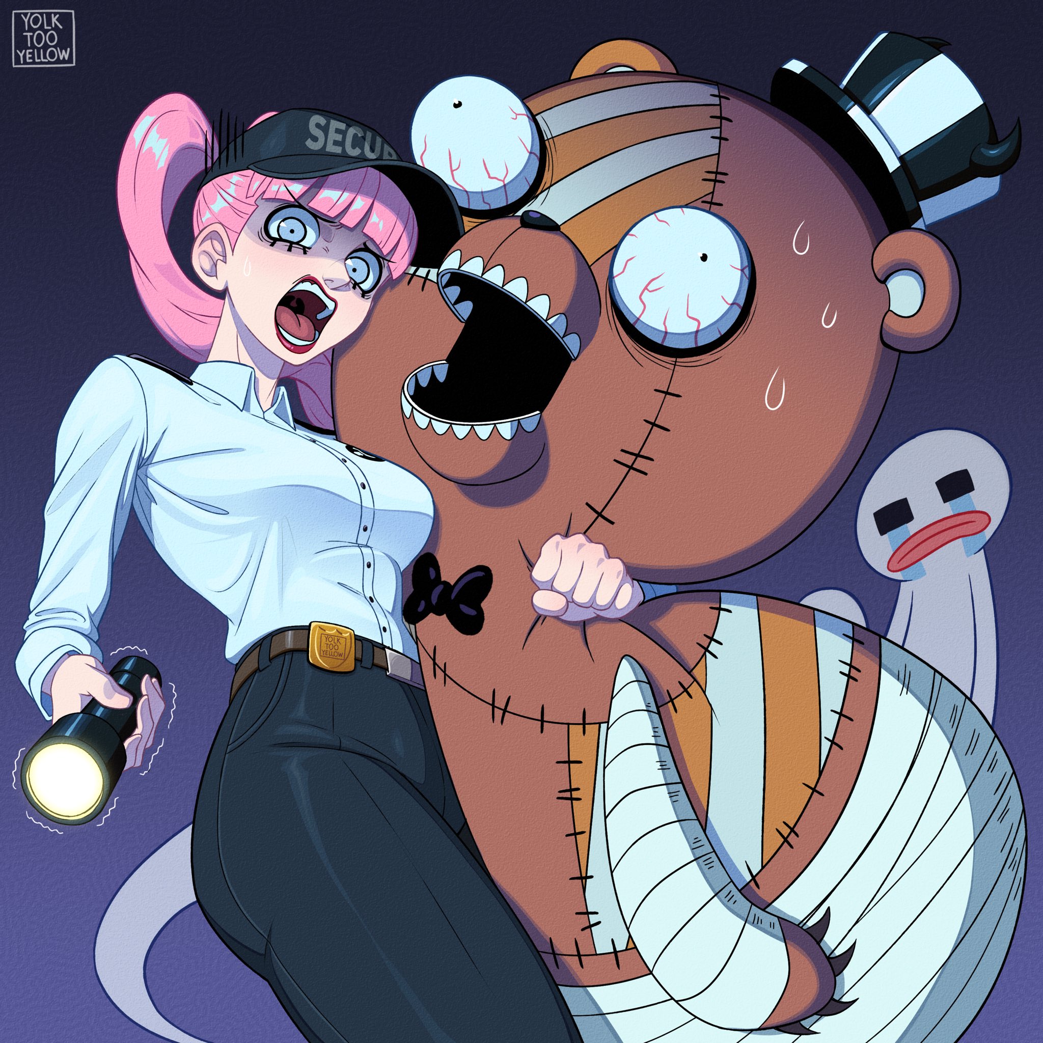yolk too yellow, kumacy, perona, vanessa (fnaf), five nights at freddy's, five nights at freddy's: security breach, one piece, highres, 1girl, black pants, blush, breasts, collared shirt, cosplay, cropped legs, flashlight, ghost, gradient background, holding, holding flashlight, long hair, lower eyelashes only, medium breasts, nervous, open mouth, pants, pink hair, ponytail, purple background, shirt, simple background, stuffed animal, stuffed toy, vanessa (fnaf) (cosplay), white shirt