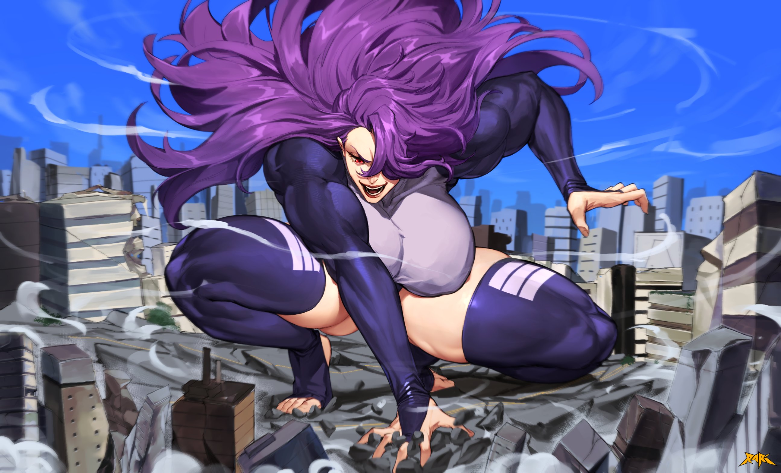 spunkyramaz, original, highres, 1girl, breasts, bridal gauntlets, city, destruction, giant, giantess, hair over one eye, huge breasts, leotard, long hair, long sleeves, muscular, muscular female, purple eyes, purple leotard, purple thighhighs, red eyes, smile, solo, superhero landing, thighhighs