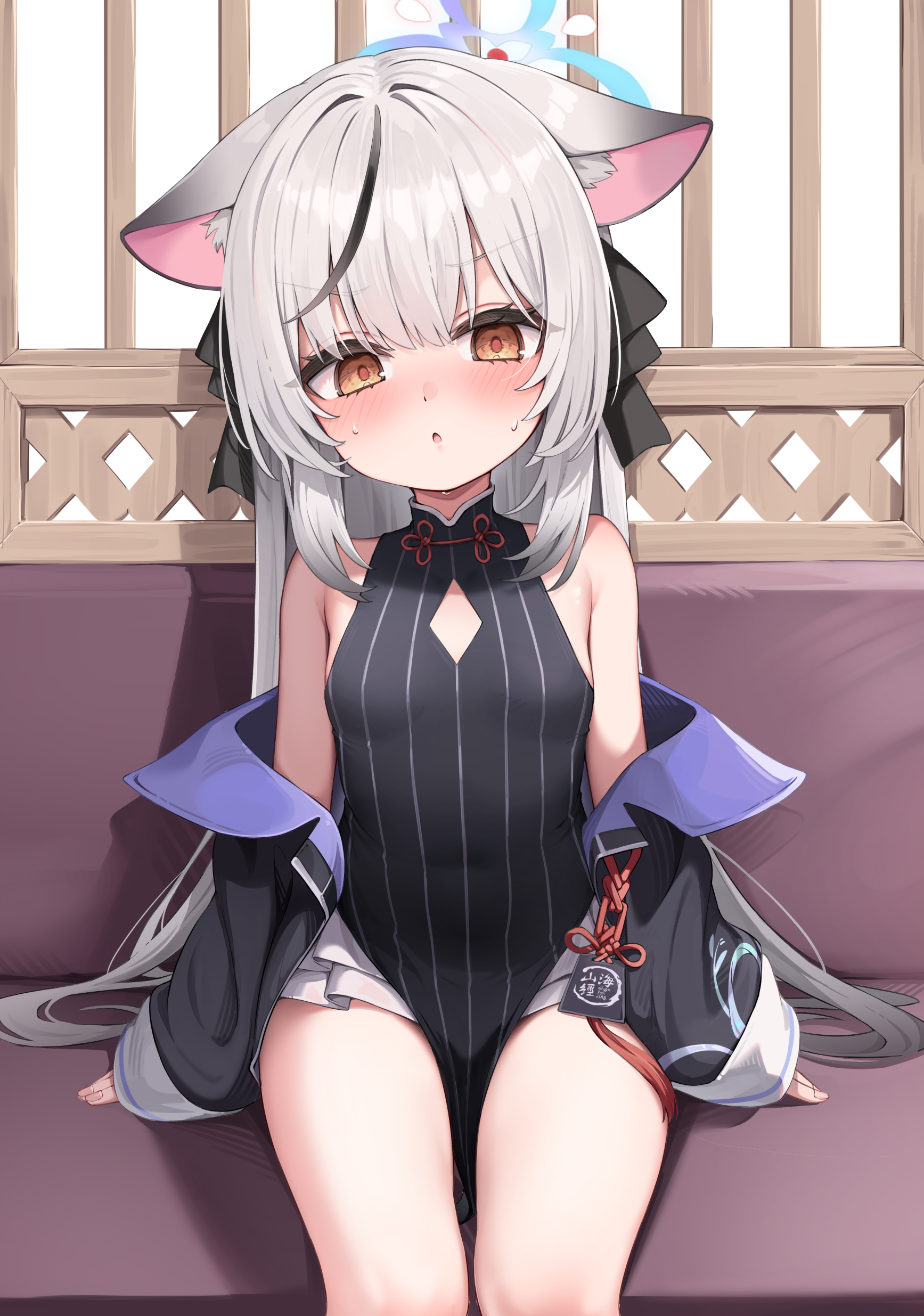 mannack, kokona (blue archive), blue archive, absurdres, highres, 1girl, :o, animal ear fluff, animal ears, bare shoulders, black dress, black hair, black jacket, blue halo, breasts, brown eyes, china dress, chinese clothes, cleavage cutout, clothing cutout, diamond cutout, dress, grey hair, halo, jacket, long hair, looking at viewer, multicolored hair, off shoulder, open mouth, red pupils, sitting, small breasts, solo, streaked hair, striped clothes, striped dress, tiger ears, tiger girl, two-tone hair, v-shaped eyebrows, vertical-striped clothes, vertical-striped dress