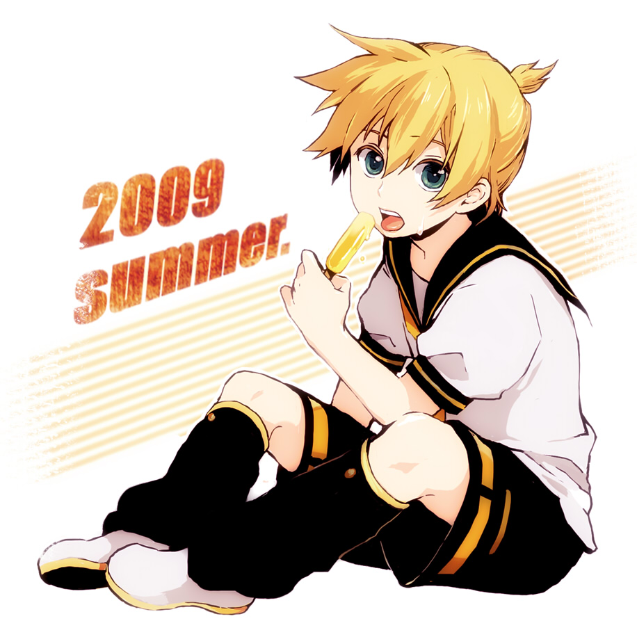 nako75, shirataki nako, kagamine len, vocaloid, bad id, bad pixiv id, 1boy, aqua eyes, blonde hair, food, full body, male focus, necktie, open mouth, popsicle, short hair, shorts, sitting, solo