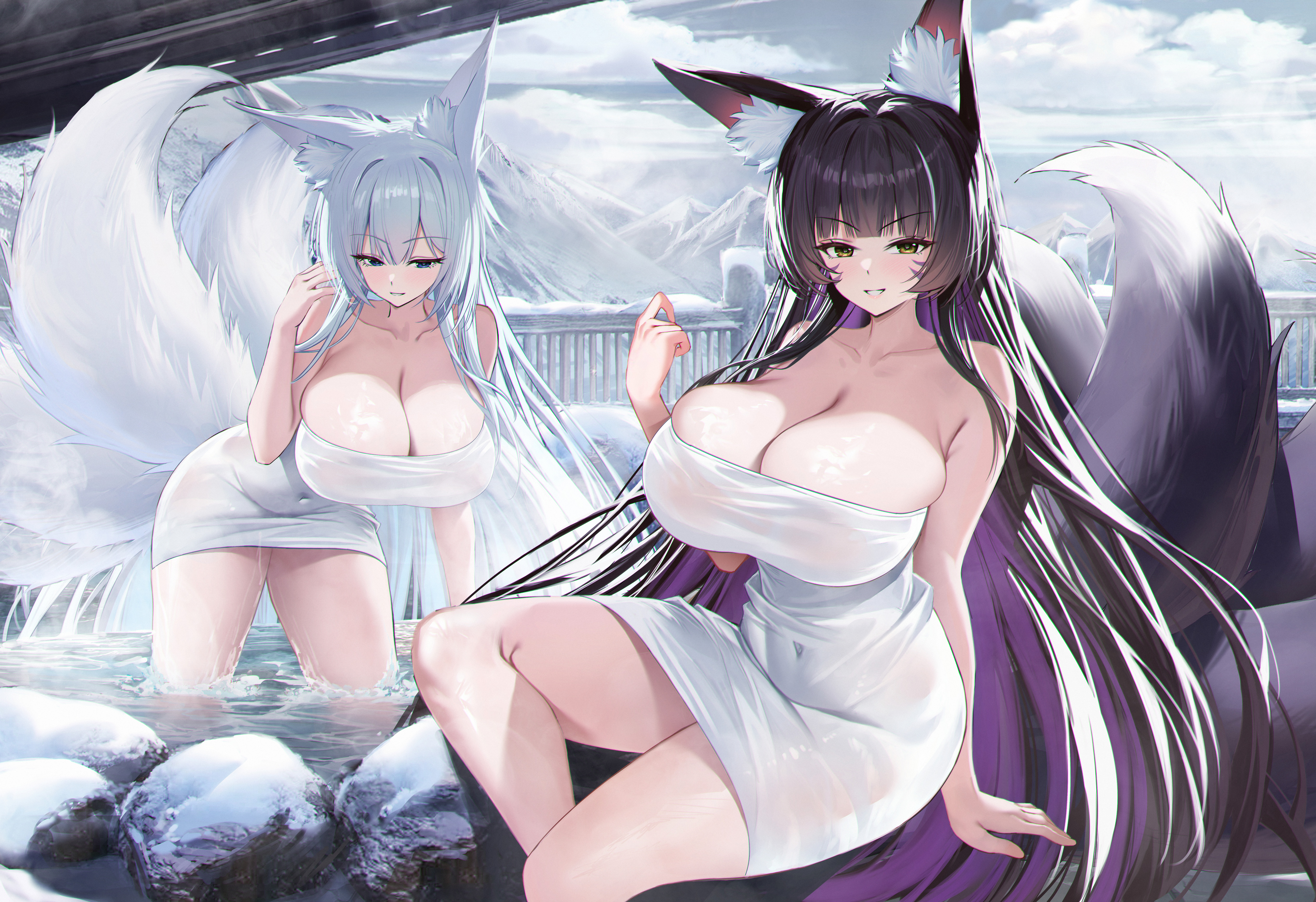 akipopopopoon, musashi (azur lane), shinano (azur lane), azur lane, absurdres, commentary, highres, animal ear fluff, animal ears, black hair, blue eyes, blush, breasts, colored inner hair, fox ears, fox girl, fox tail, grey hair, hair between eyes, huge breasts, leaning forward, long hair, multicolored hair, multiple tails, naked towel, parted lips, purple hair, sidelocks, sitting, smile, tail, towel, two-tone hair, very long hair, yellow eyes