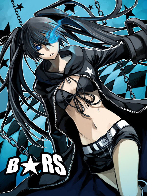 cezaria, black rock shooter (character), black rock shooter, bad id, bad pixiv id, 10s, 1girl, arm cannon, belt, bikini, bikini top only, black hair, blue eyes, boots, chain, coat, female focus, glowing, glowing eyes, long hair, midriff, navel, scar, shorts, solo, star (symbol), swimsuit, twintails, weapon