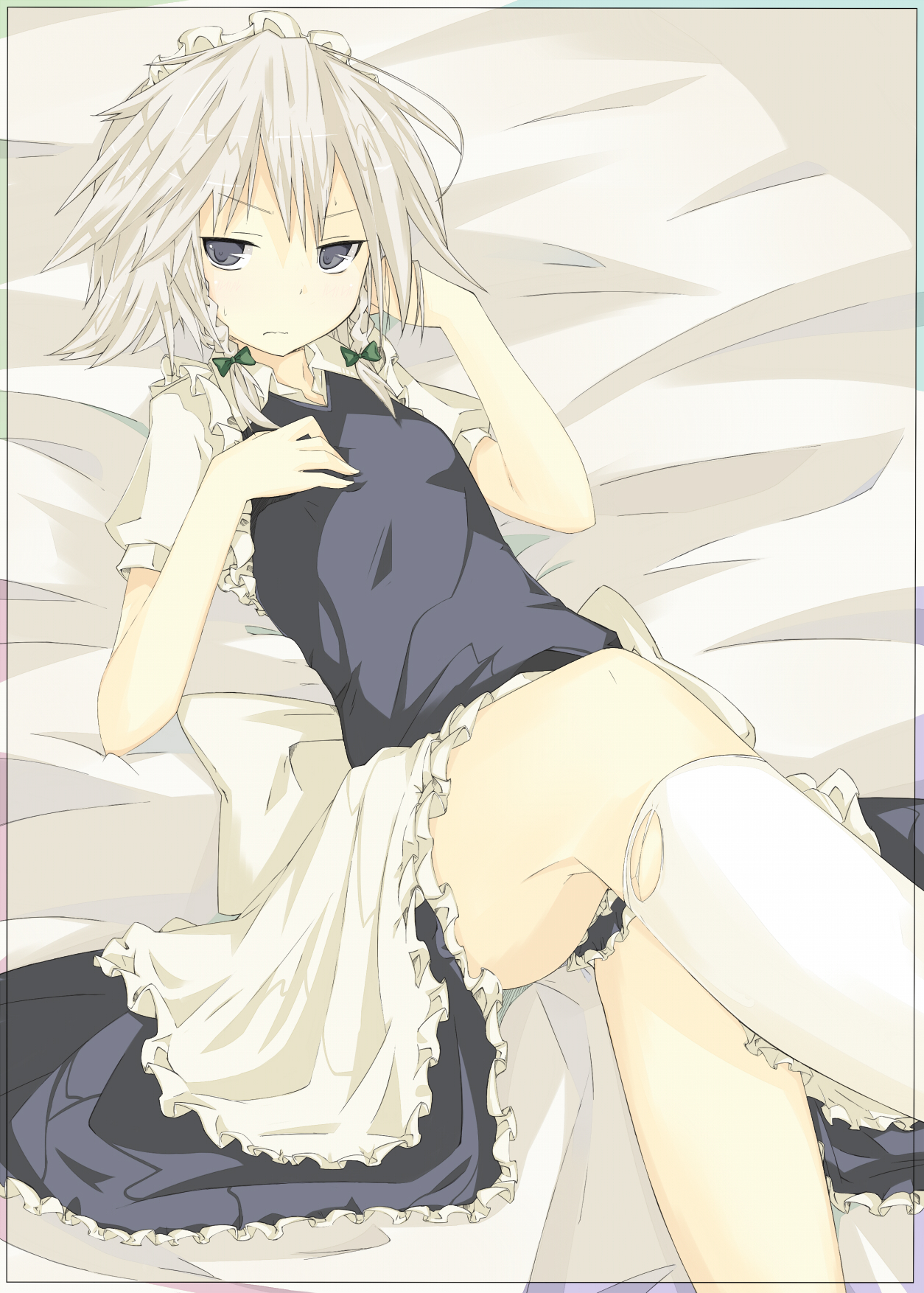 kitsune (artist), kitsune (scaz), izayoi sakuya, touhou, silver hair, highres, 1girl, blue eyes, female focus, kneehighs, legs, lying, maid, short hair, socks, solo