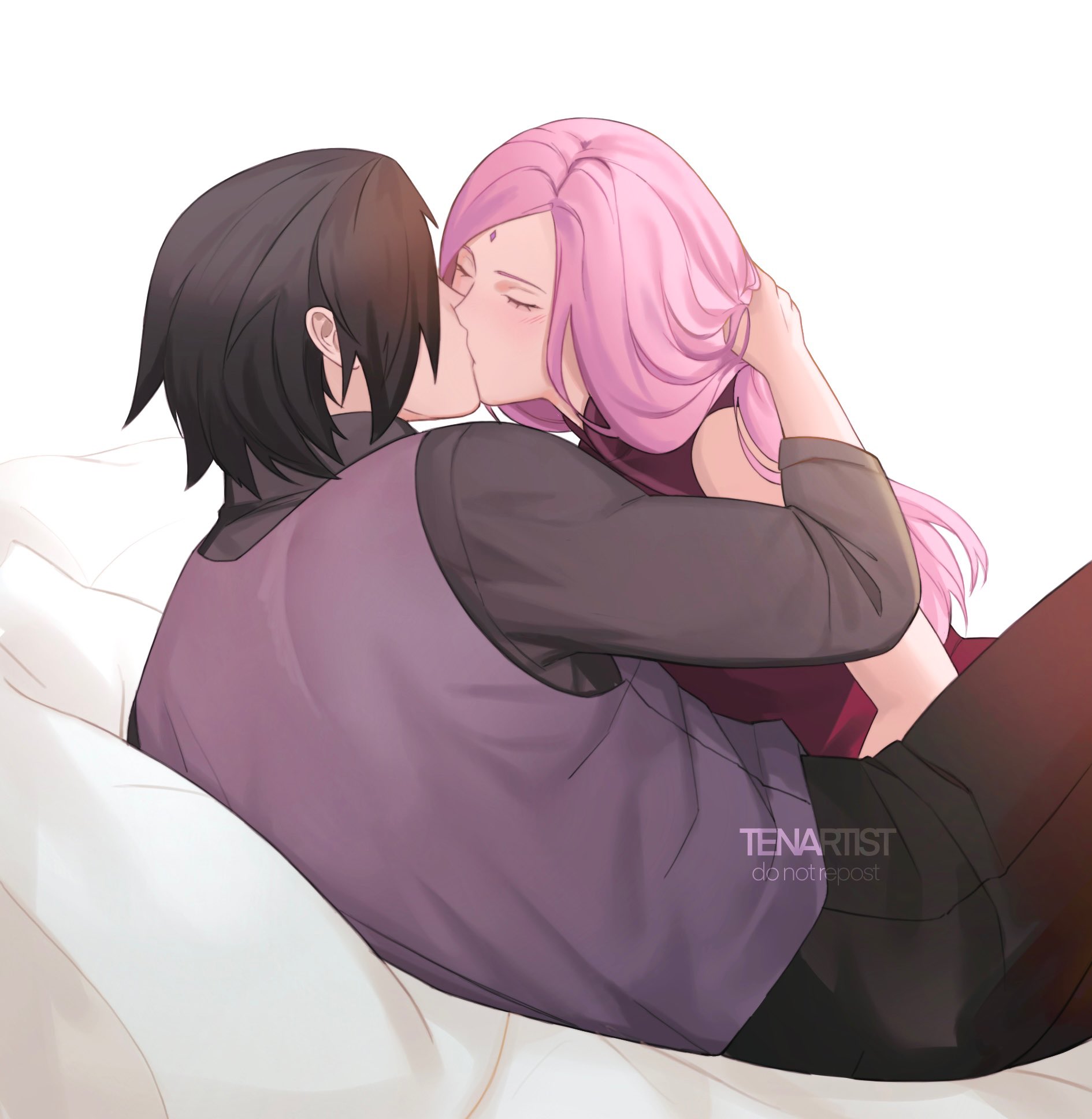 tenartistt, haruno sakura, uchiha sasuke, naruto (series), commentary, english commentary, highres, 1boy, 1girl, artist name, back, black hair, black pants, black shirt, closed eyes, couple, dress, facial mark, forehead mark, hair over one eye, hetero, holding another's hair, kiss, long hair, lying, mandarin collar, on bed, pants, parted hair, pink hair, purple vest, red dress, shirt, sleeveless, sleeveless dress, straight hair, vest, white background