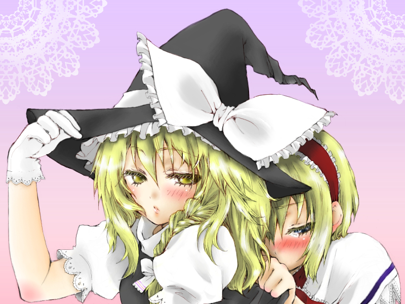 ichi-natsu, alice margatroid, kirisame marisa, touhou, artist request, 2girls, blonde hair, blue eyes, blush, braid, female focus, gloves, hairband, hand on headwear, hat, multiple girls, short hair, tears, witch hat, yellow eyes