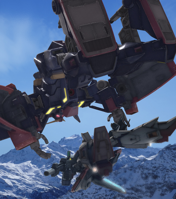 robographer, psycho gundam, zeta gundam (mobile suit), gundam, zeta gundam, beam rifle, energy gun, falling, gun, mecha, mountain, robot, weapon