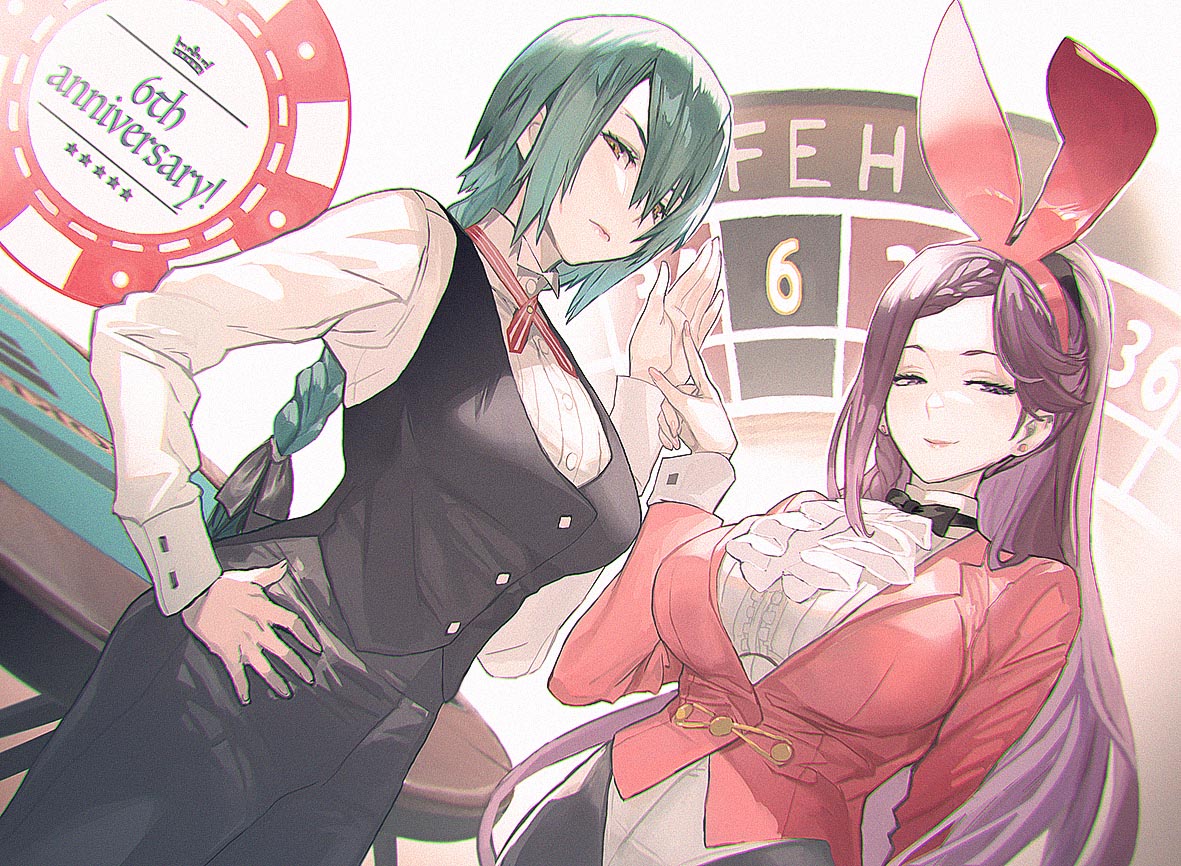 loki (fire emblem), thorr (fire emblem), fire emblem, fire emblem heroes, nintendo, 2girls, breasts, green hair, large breasts, long hair, multiple girls, purple eyes, purple hair