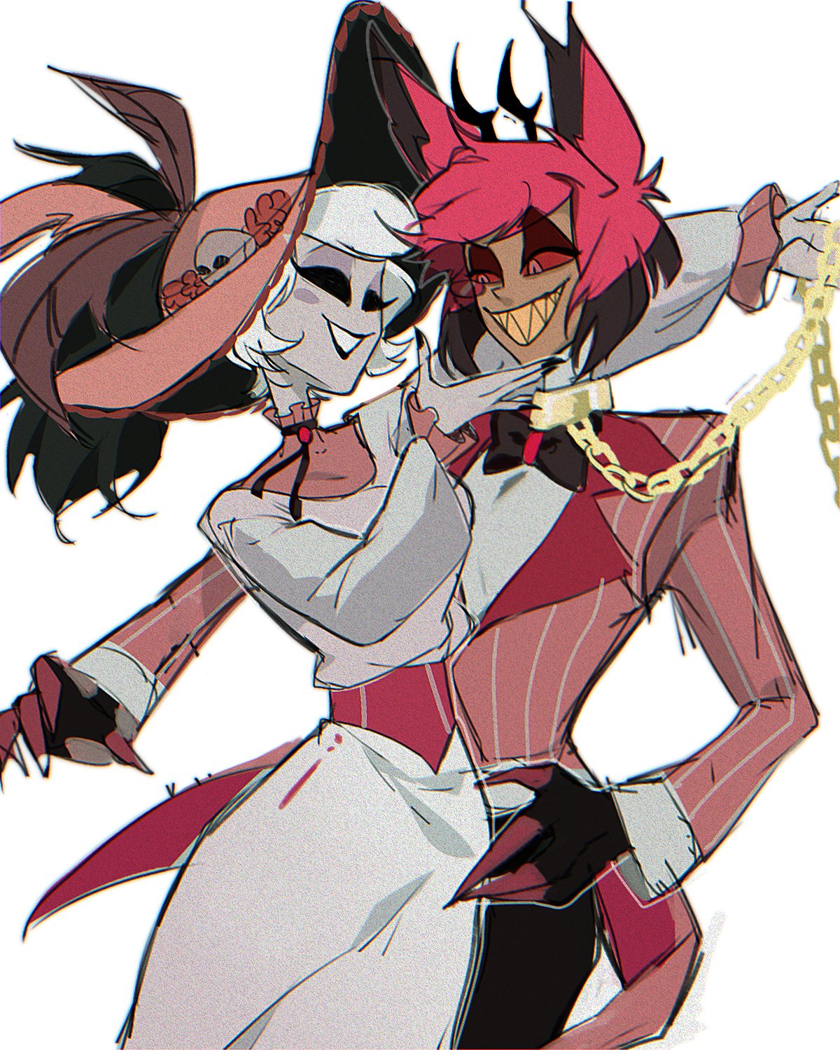 haniwa15, alastor (hazbin hotel), rosie (hazbin hotel), hazbin hotel, hellaverse, commentary, highres, symbol-only commentary, 1boy, 1girl, black pants, collared shirt, dress, long dress, pants, pink shirt, red hair, shirt, short hair, white dress, white hair