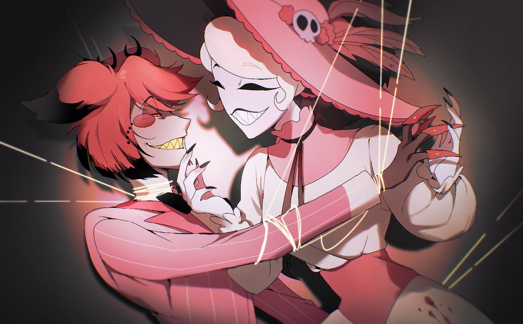 alastor (hazbin hotel), rosie (hazbin hotel), hazbin hotel, hellaverse, commentary, highres, symbol-only commentary, 1boy, 1girl, black pants, collared shirt, dress, long dress, pants, petermehk019880, pink shirt, red hair, shirt, short hair, white dress, white hair