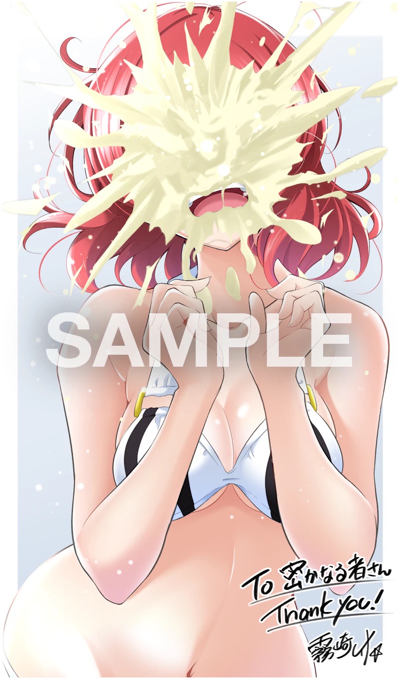 kirisaki reina, nishikino maki, love live!, love live! school idol project, commentary request, commission, highres, skeb commission, translation request, 1girl, bikini, breasts, cleavage, cowboy shot, cutie panther, food, medium breasts, medium hair, navel, open mouth, red hair, sample watermark, signature, simple background, splatter, suggestive fluid, swimsuit, teeth, thank you, upper teeth only, watermark, white bikini, wide hips