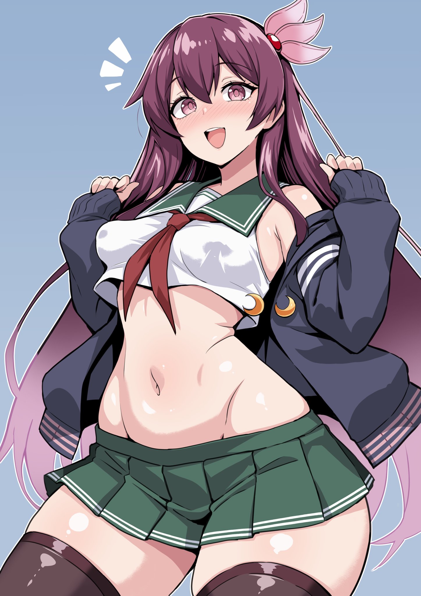 rakutosu, kisaragi (kancolle), kisaragi kai ni (kancolle), kantai collection, highres, 1girl, black socks, black thighhighs, collar, green collar, green skirt, kneehighs, looking at viewer, miniskirt, navel, off shoulder, open mouth, pleated skirt, purple eyes, purple hair, school uniform, serafuku, skirt, smile, socks, solo, teeth, thick thighs, thighhighs, thighs, upper teeth only, white serafuku
