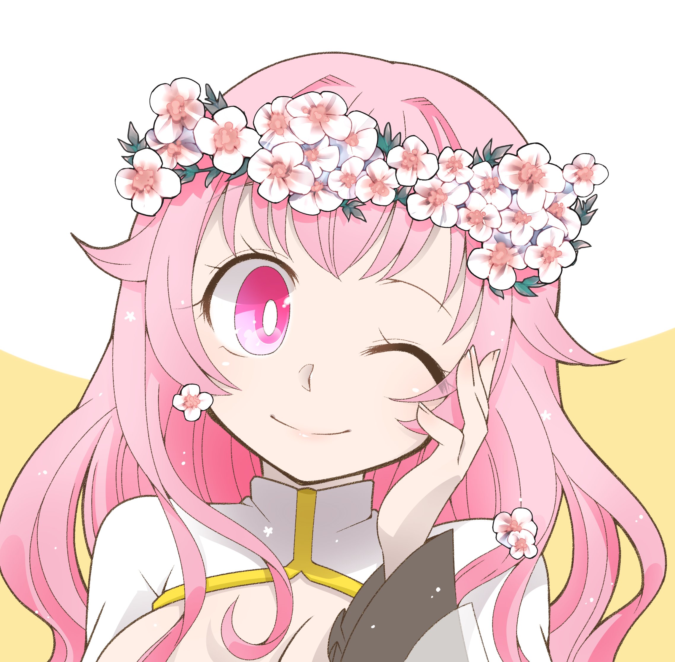 iyofika, arch bishop (ragnarok online), ragnarok online, commentary request, highres, 1girl, blush, breasts, bright pupils, cleavage, cleavage cutout, closed mouth, clothing cutout, dress, flower, hand on own cheek, hand on own face, head wreath, large breasts, long hair, long sleeves, looking at viewer, one eye closed, pink eyes, pink hair, portrait, smile, solo, two-tone background, white background, white dress, white flower, white pupils, yellow background