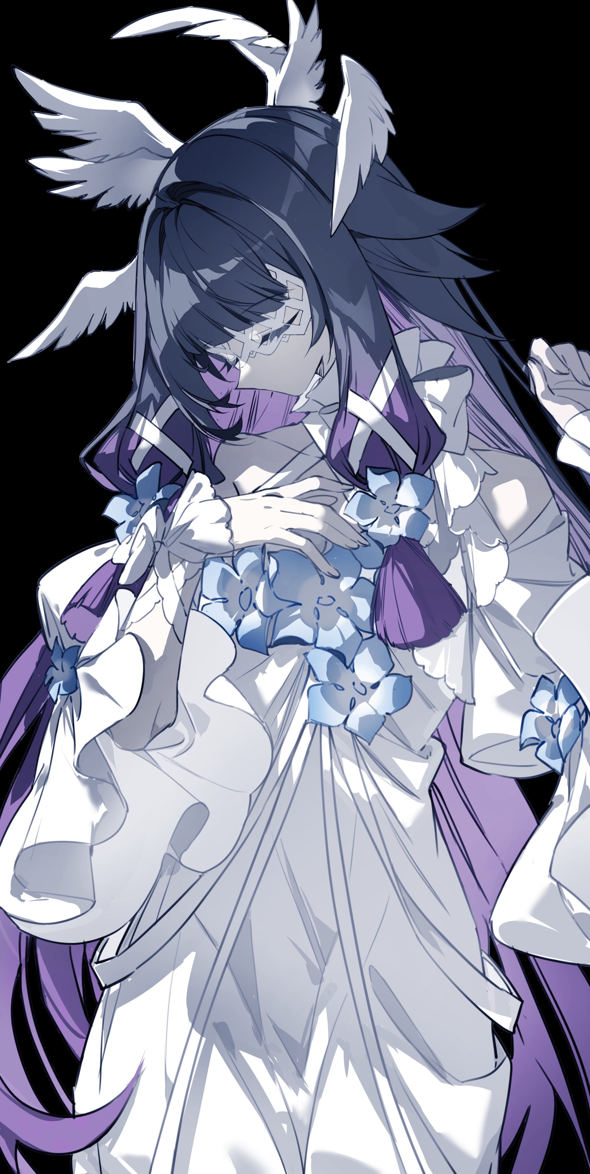 limaomao, columbina (genshin impact), genshin impact, absurdres, highres, 1girl, alternate costume, bare shoulders, black background, black hair, closed eyes, colored inner hair, cowboy shot, dress, eye mask, flower, hair ribbon, head wings, long hair, mask, multicolored hair, multiple wings, pink hair, ribbon, simple background, solo, two-tone hair, very long hair, white dress, white ribbon, white wings, wings