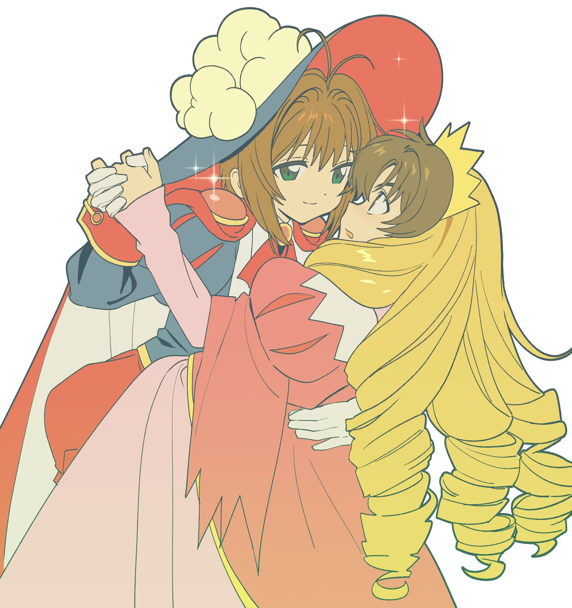 betti (xx betti), kinomoto sakura, kinomoto sakura (sakura prince), li syaoran, cardcaptor sakura, highres, 1boy, 1girl, blonde hair, blue hat, brown eyes, brown hair, crossdressing, crossdressing (ftm), crossdressing (mtf), eye contact, gloves, green eyes, hair visible through wig, hat, hetero, holding hands, li syaoran (princess costume), light blush, long hair, looking at another, official alternate costume, open mouth, prince, princess, short hair, simple background, smile, sweat, white background, white gloves