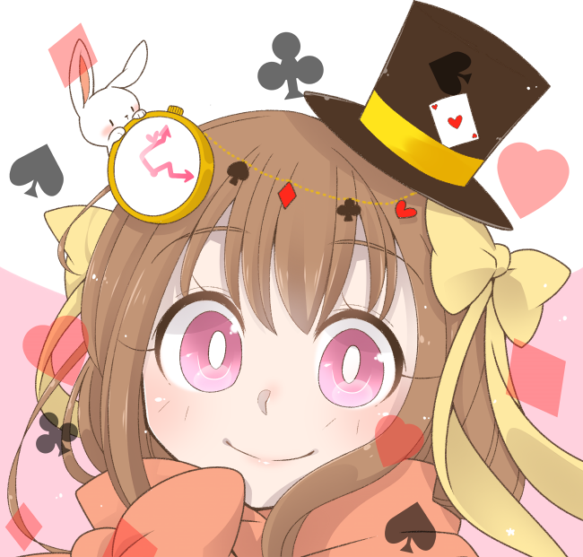 iyofika, arch bishop (ragnarok online), ragnarok online, commentary request, 1girl, ace (playing card), ace of hearts, blush, bow, bright pupils, brown hair, brown hat, card, closed mouth, club (shape), diamond (shape), hair bow, hat, heart, long hair, looking at viewer, mini hat, mini top hat, pink background, pink eyes, pink scarf, playing card, portrait, rabbit, scarf, smile, solo, spade (shape), top hat, two-tone background, white background, white pupils, yellow bow