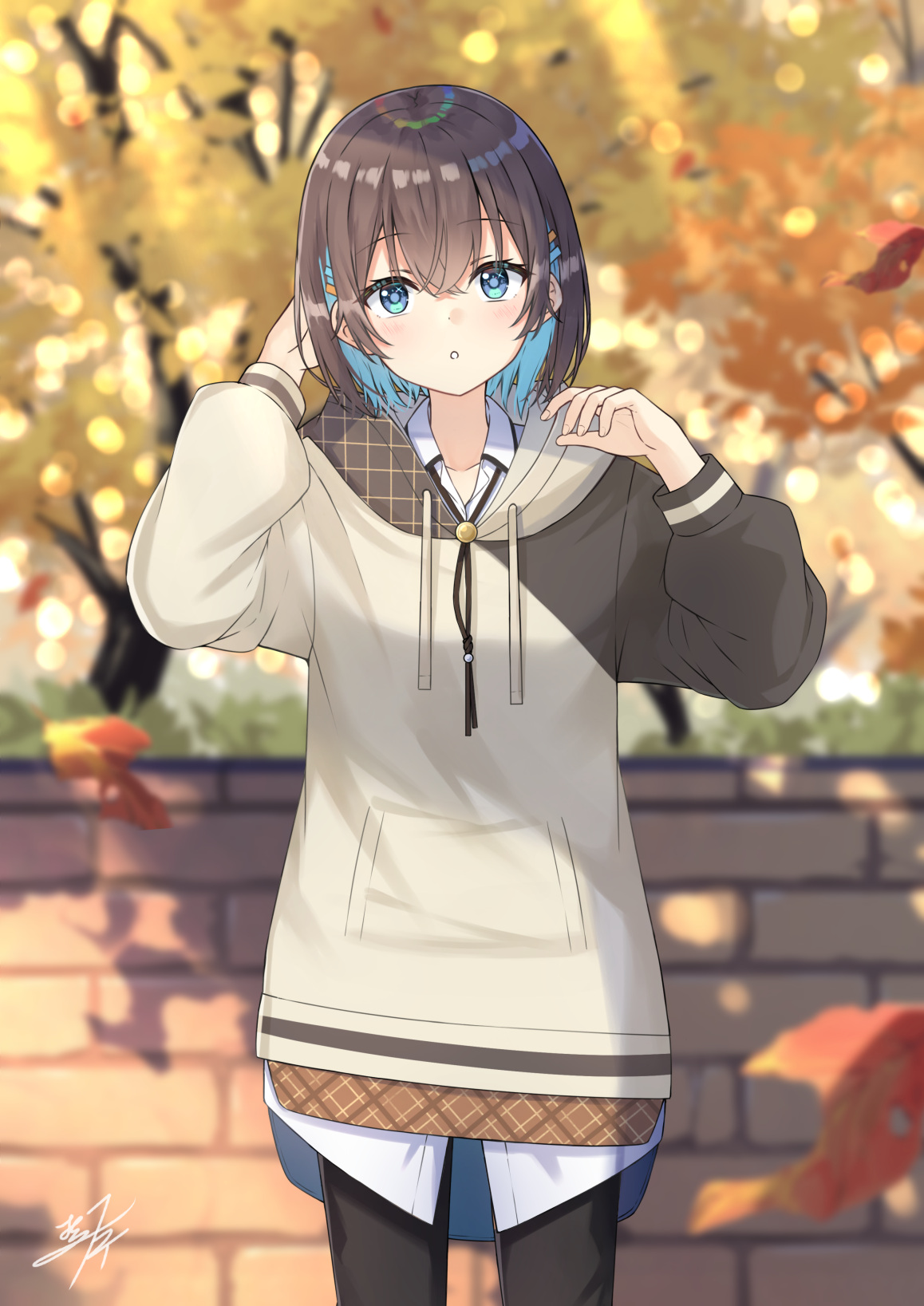 miko fly, original, commentary request, highres, 1girl, autumn, autumn leaves, black hair, black pantyhose, blue eyes, blue hair, blush, colored inner hair, cowboy shot, day, drawstring, grey hoodie, hair between eyes, hands up, hood, hood down, hoodie, leaf, long sleeves, looking at viewer, multicolored hair, outdoors, pantyhose, parted lips, short hair, solo
