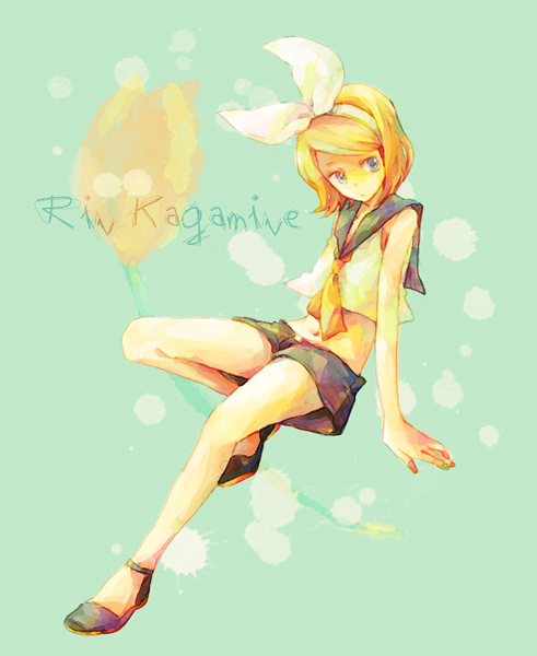 den, kagamine rin, vocaloid, 1girl, blonde hair, blue eyes, female focus, full body, hair ribbon, midriff, ribbon, short hair, shorts, solo