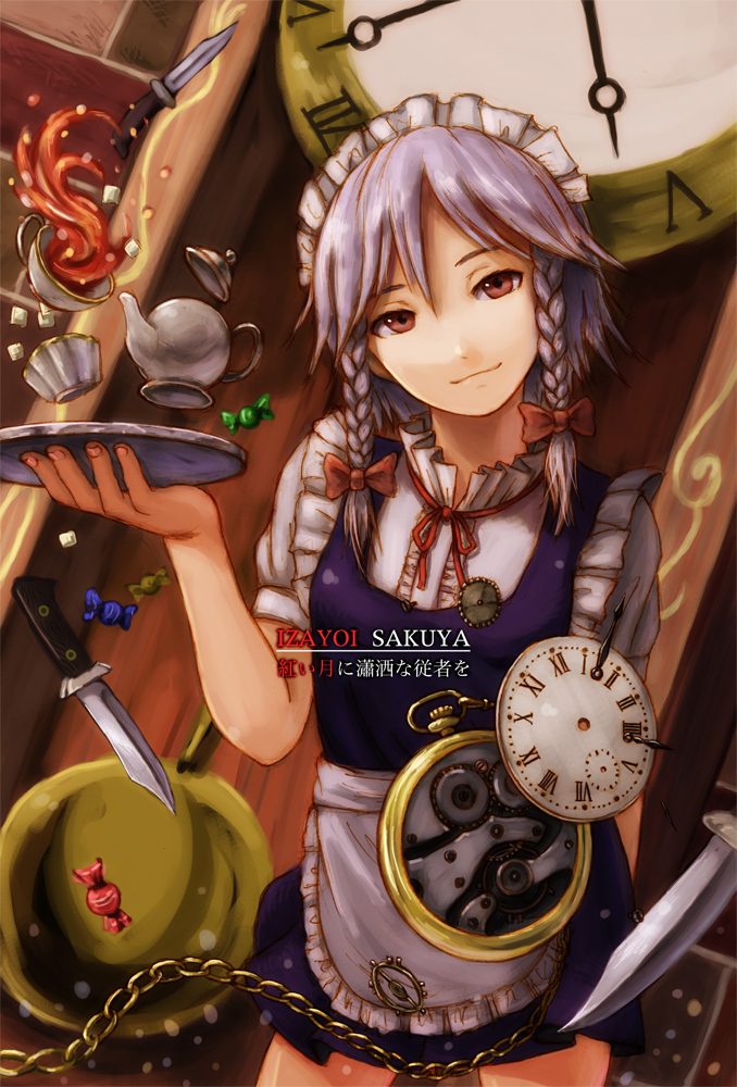 kurione (pixiv), kurione (zassou), izayoi sakuya, touhou, silver hair, bad id, bad pixiv id, 1girl, braid, candy, cup, female focus, floating, floating object, food, head tilt, knife, pocket watch, red eyes, short hair, smile, smug, solo, spill, sugar cube, tea, teacup, teapot, throwing knife, tray, twin braids, watch, weapon
