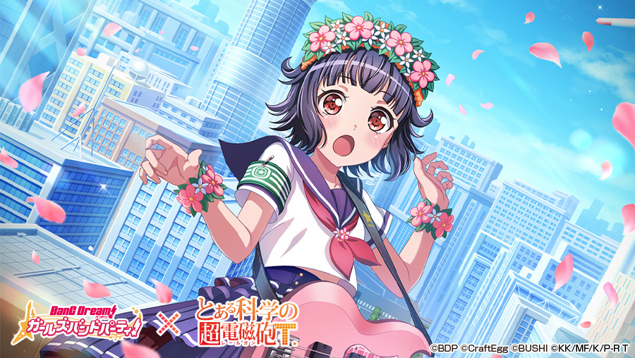 uiharu kazari, ushigome rimi, bang dream!, toaru kagaku no railgun, toaru kagaku no railgun t, toaru majutsu no index, 1girl, black hair, blunt bangs, cosplay, crossover, flower wreath, head wreath, judgement armband (toaru), petals, red eyes, safety pin, sailor collar, sakugawa school uniform, school uniform, serafuku, short hair, summer uniform, uiharu kazari (cosplay)