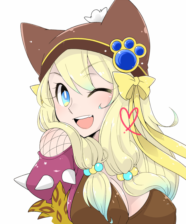 iyofika, shadow chaser (ragnarok online), ragnarok online, commentary request, 1girl, animal hat, blonde hair, blue eyes, blush, bow, breasts, brown hat, brown shirt, cleavage, hair bobbles, hair bow, hair ornament, hat, large breasts, long hair, looking at viewer, one eye closed, open mouth, paw hat ornament, puffy short sleeves, puffy sleeves, purple sleeves, shirt, short sleeves, sidelocks, simple background, smile, solo, upper body, white background, yellow bow
