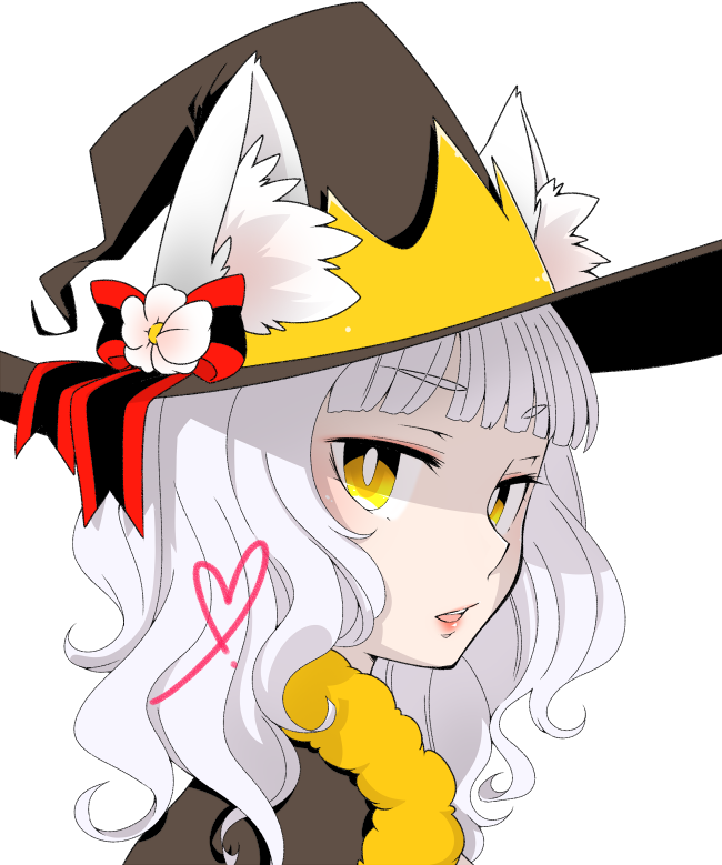 iyofika, warlock (ragnarok online), ragnarok online, commentary request, 1girl, animal ear fluff, animal ears, blunt bangs, blush, brown cape, brown hat, cape, cat ears, cat girl, ears through headwear, fur-trimmed cape, fur trim, hat, long hair, looking at viewer, official alternate costume, portrait, simple background, solo, white background, white hair, witch hat, yellow eyes