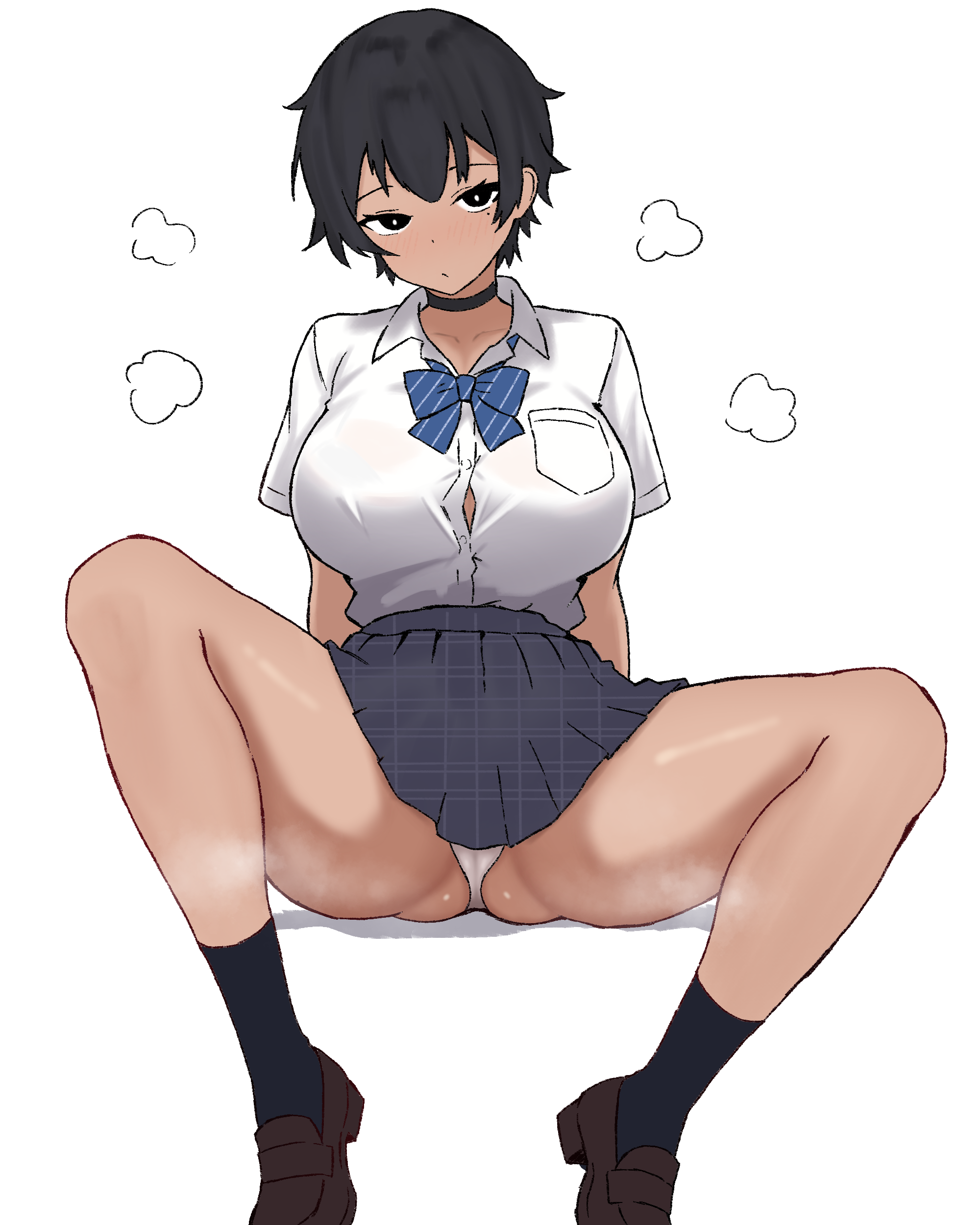 peace peace009, original, absurdres, commentary request, highres, 1girl, arms at sides, black choker, black eyes, black hair, black skirt, blue bow, blue bowtie, blush, bow, bowtie, breast pocket, breasts, bright pupils, button gap, choker, closed mouth, collarbone, collared shirt, diagonal-striped bow, diagonal-striped bowtie, diagonal-striped clothes, feet out of frame, gluteal fold, high-waist skirt, invisible chair, large breasts, loafers, miniskirt, mole, mole under eye, panties, pleated skirt, pocket, school uniform, shirt, shirt tucked in, shoes, short hair, short sleeves, simple background, sitting, skirt, socks, solo, spread legs, steaming body, striped bow, striped bowtie, striped clothes, tan, tomboy, underwear, white background, white panties, white pupils, white shirt, white socks