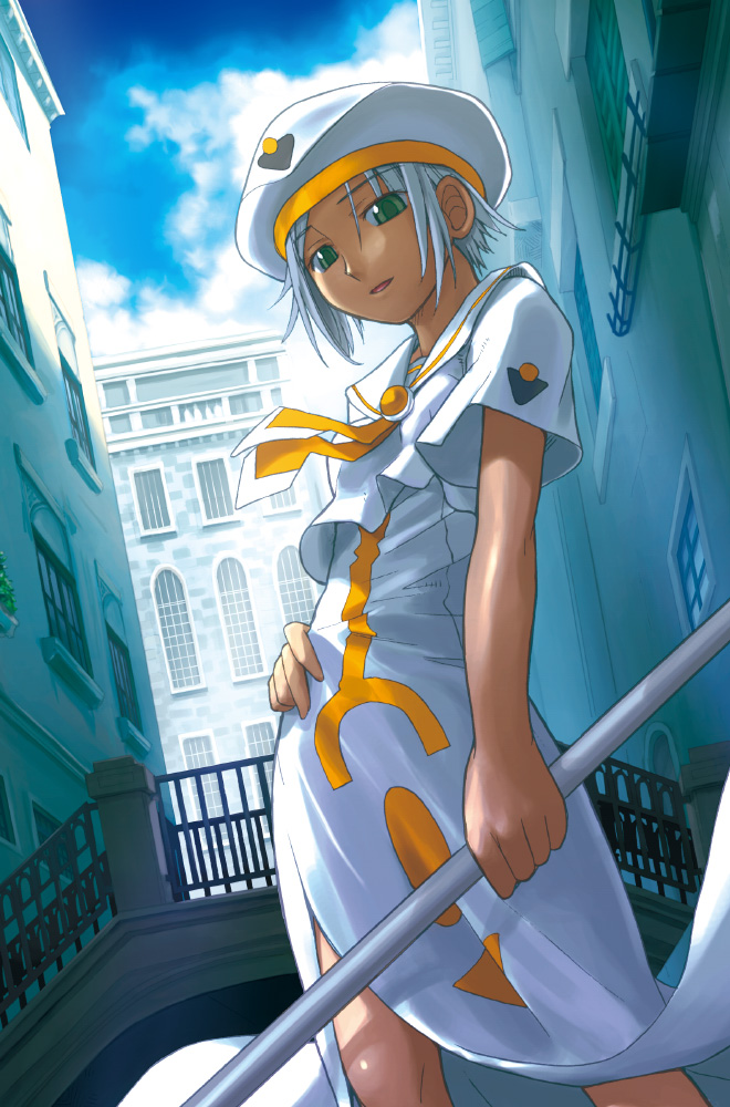 saiku jun, saikun, athena glory, aria (manga), silver hair, 00s, 1girl, beret, female focus, green eyes, hat, short hair, solo, venice