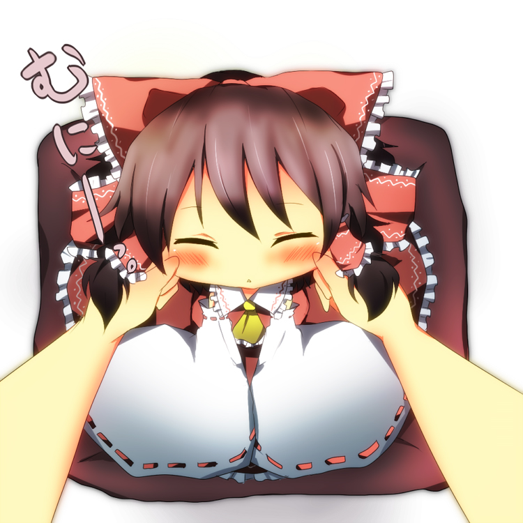 pasutel, hakurei reimu, touhou, bad id, bad pixiv id, 1girl, :<, blush, bow, brown hair, cheek pinching, chibi, closed eyes, detached sleeves, female focus, from above, hair bow, japanese clothes, miko, pinching, ribbon, short hair, solo, wide sleeves