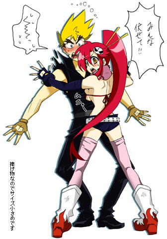 kittan bachika, yoko littner, tengen toppa gurren lagann, lowres, 00s, bikini, bikini top only, blonde hair, blush, boots, fingerless gloves, gloves, hair ornament, long hair, pinned, red hair, scarf, swimsuit