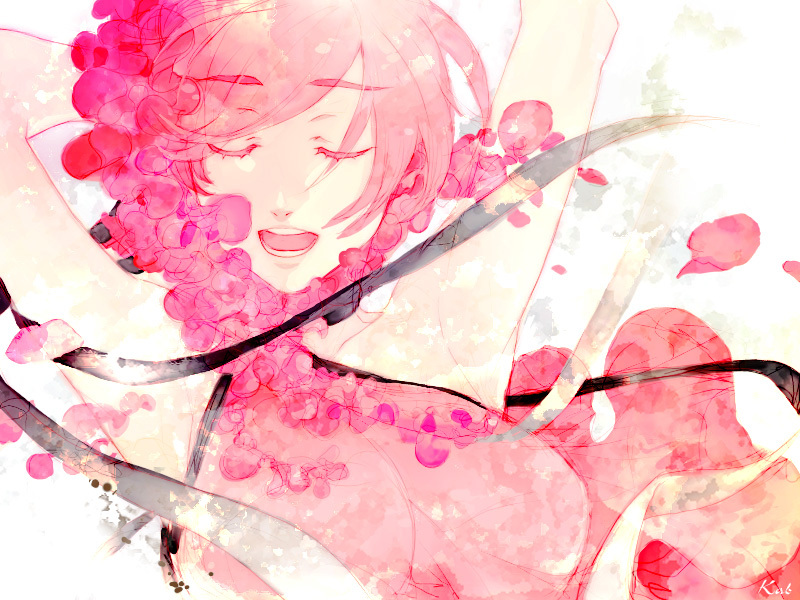 kaburaya, meiko (vocaloid), vocaloid, bad id, bad piapro id, 1girl, armpits, arms up, breasts, closed eyes, female focus, flower, open mouth, petals, pink hair, short hair, solo, white background