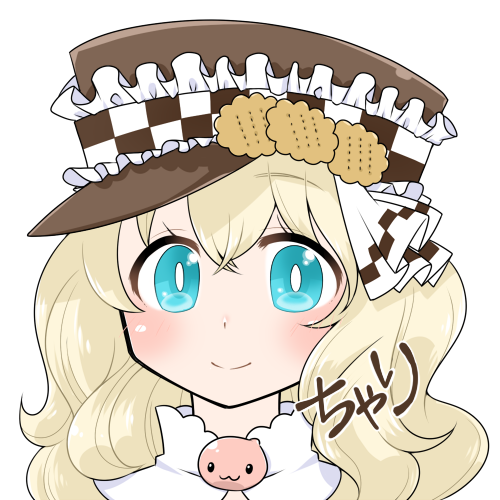 iyofika, arch bishop (ragnarok online), poring, ragnarok online, commentary request, lowres, 1girl, blonde hair, blue eyes, blush, bright pupils, brown hat, closed mouth, cookie hat ornament, hat, long hair, looking at viewer, peaked cap, portrait, simple background, smile, solo, white background, white pupils