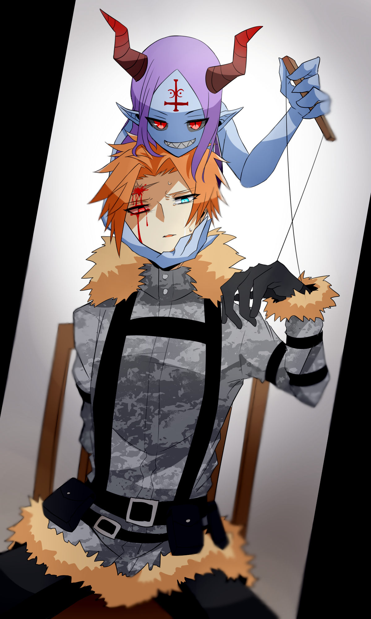 higyaku no noel, highres, 1boy, 1girl, black sclera, blood, blood on face, camouflage, camouflage jacket, colored sclera, colored skin, demon girl, demon horns, fur-trimmed jacket, fur trim, gloves, grey skin, heterochromia, horns, jacket, miyabiyu u, pointy ears, purple hair, ribelio strada, scar, scar on face, scar on forehead, spica (higyaku no noel)