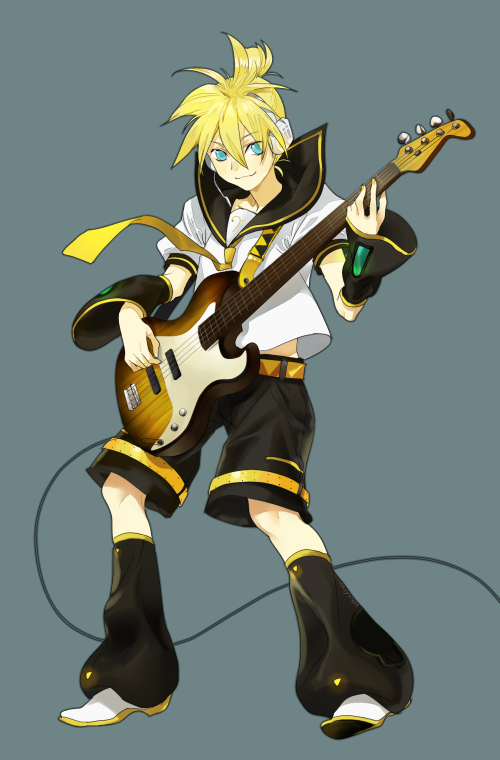 mochi (piapro), kagamine len, vocaloid, 1boy, aqua eyes, bass guitar, blonde hair, full body, instrument, male focus, necktie, ponytail, short hair, shorts, simple background, smile, solo, yellow necktie
