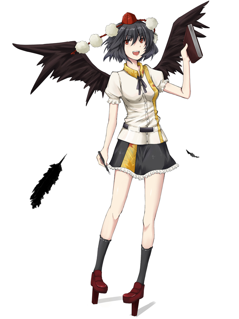 hangetsuakibarika, shameimaru aya, touhou, 1girl, black hair, black wings, female focus, geta, hat, legs, looking at viewer, open mouth, red eyes, short hair, smile, solo, tengu-geta, tokin hat, wings