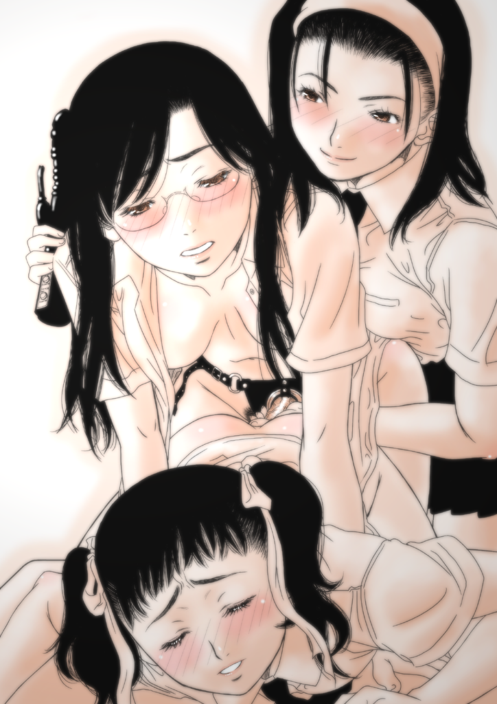 gusu, original, 3girls, blush, brown eyes, brown hair, closed eyes, clothed sex, dildo, doggystyle, female pubic hair, fff threesome, glasses, group sex, long hair, multiple girls, open clothes, open shirt, pink theme, pubic hair, ribbon, sepia, sex, sex from behind, sex toy, shirt, short hair, strap-on, threesome, twintails, underwear, vibrator, yuri