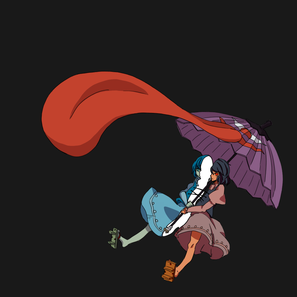 uewtsol, tatara kogasa, touhou, 1girl, black background, blue eyes, female focus, full body, heterochromia, karakasa obake, red eyes, sandals, short hair, simple background, solo, tongue, umbrella