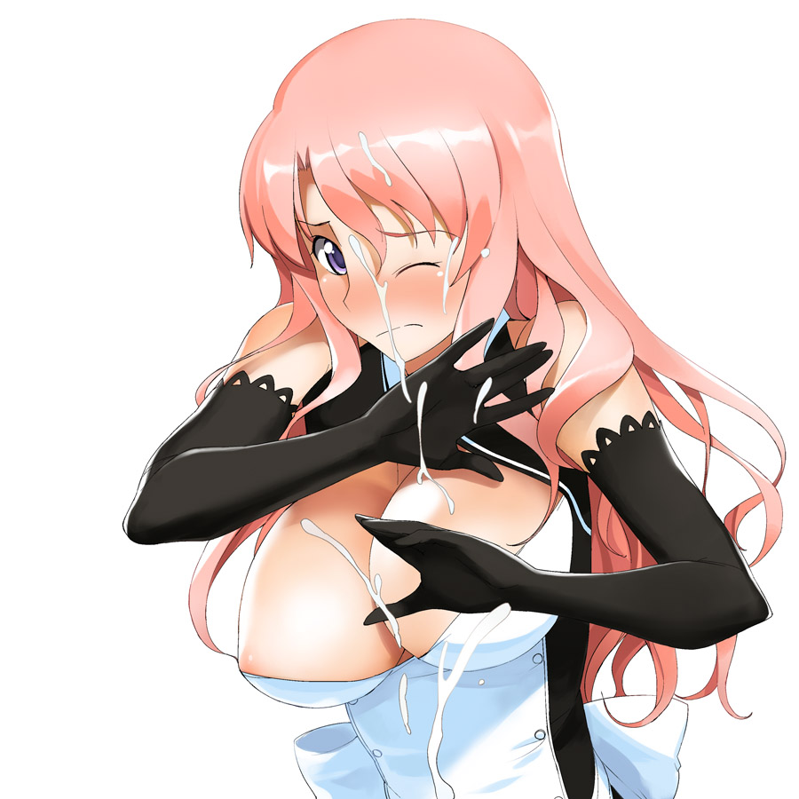 rui (dream c club), dream c club, dream c club (series), a1, 1girl, areola slip, blush, breasts, cleavage, cum, ejaculation, elbow gloves, facial, gloves, huge breasts, large breasts, long hair, maid, penis, pink hair, purple eyes, solo, wince