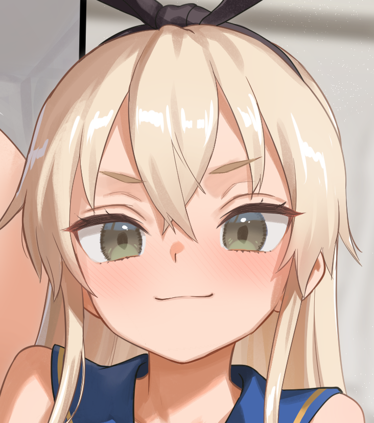 kawakami rokkaku, shimakaze (kancolle), kantai collection, paid reward available, 1girl, animal ears, blonde hair, blue sailor collar, long hair, off shoulder, rabbit ears, sailor collar, smile, solo, yellow eyes