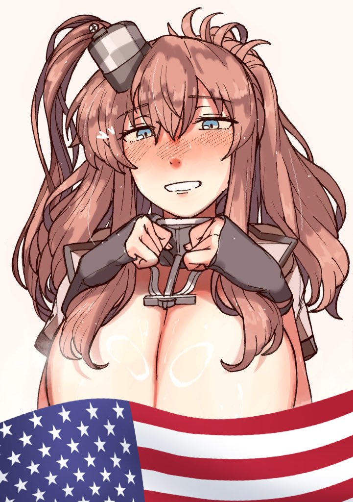 sadakuma, saratoga (kancolle), kantai collection, 1girl, anchor choker, blue eyes, breasts, cleavage, fingerless gloves, gloves, large breasts, looking at viewer, open mouth, pink hair, ponytail, side ponytail, smile, solo, teeth