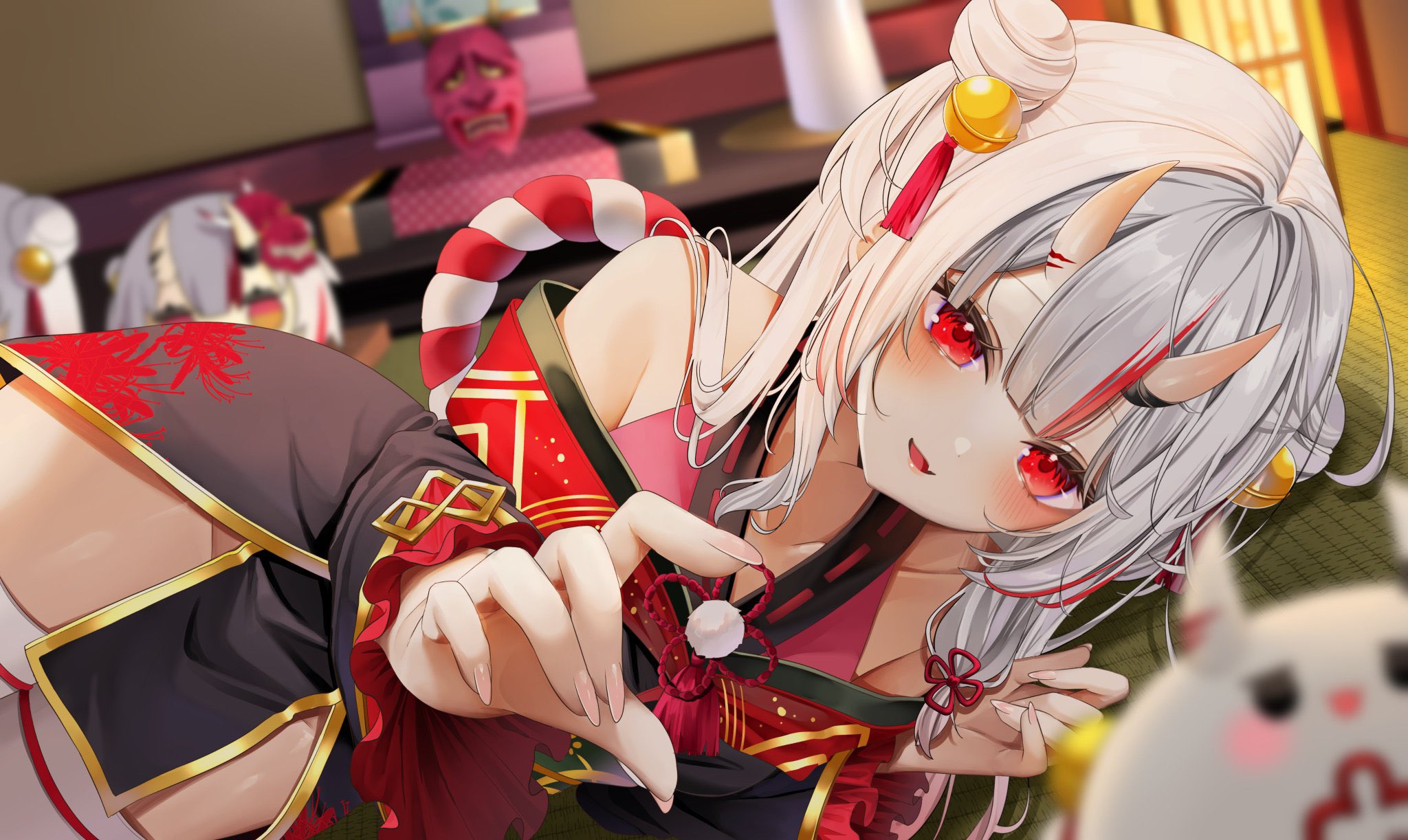 ohagetty, nakiri ayame, nakiri ayame (1st costume), poyoyo (nakiri ayame), hololive, commentary request, highres, 1girl, bell, black kimono, blurry, blurry background, blurry foreground, center-flap bangs, depth of field, double bun, frilled sleeves, frills, gold trim, groin, hair bell, hair between horns, hair bun, hair ornament, horns, indoors, japanese clothes, kimono, kouhaku nawa, long hair, long sleeves, looking at viewer, lying, mask, multicolored hair, off shoulder, on side, oni, oni mask, open mouth, pelvic curtain, pom pom (clothes), reaching, red eyes, red hair, red kimono, rope, shimenawa, short kimono, skin-covered horns, solo, streaked hair, tabi, tassel, tassel hair ornament, tatami, thighhighs, two side up, virtual youtuber, white hair, white thighhighs, wide sleeves