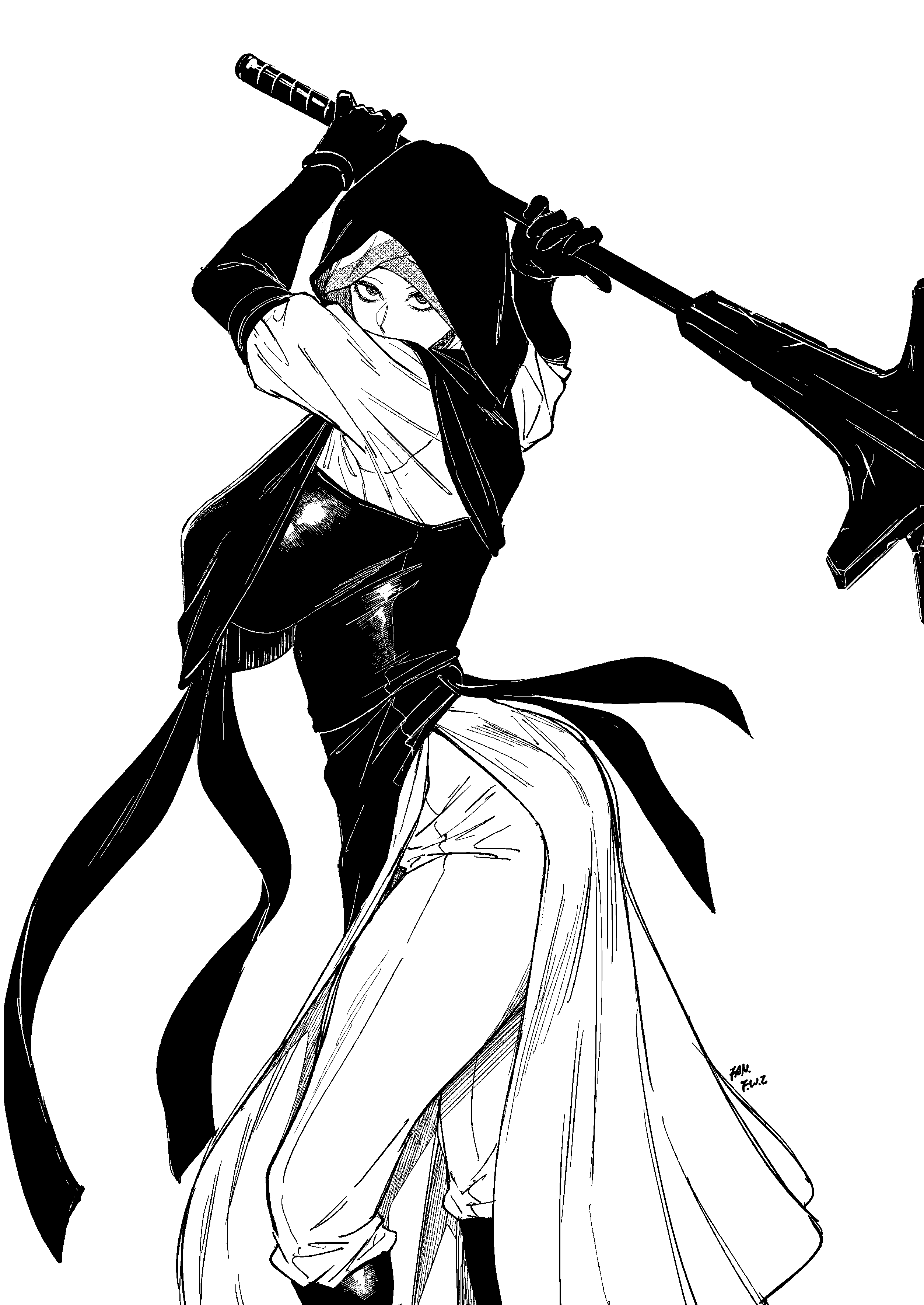 f.w.zholic, undertaker (elden ring), elden ring, elden ring nightreign, absurdres, highres, 1girl, ass, black bodice, black gloves, black hood, breasts, covered mouth, flanged mace, gloves, greyscale, holding, holding mace, holding weapon, mace, monochrome, nun, pants, simple background, solo, weapon, white background, white coif, white pants
