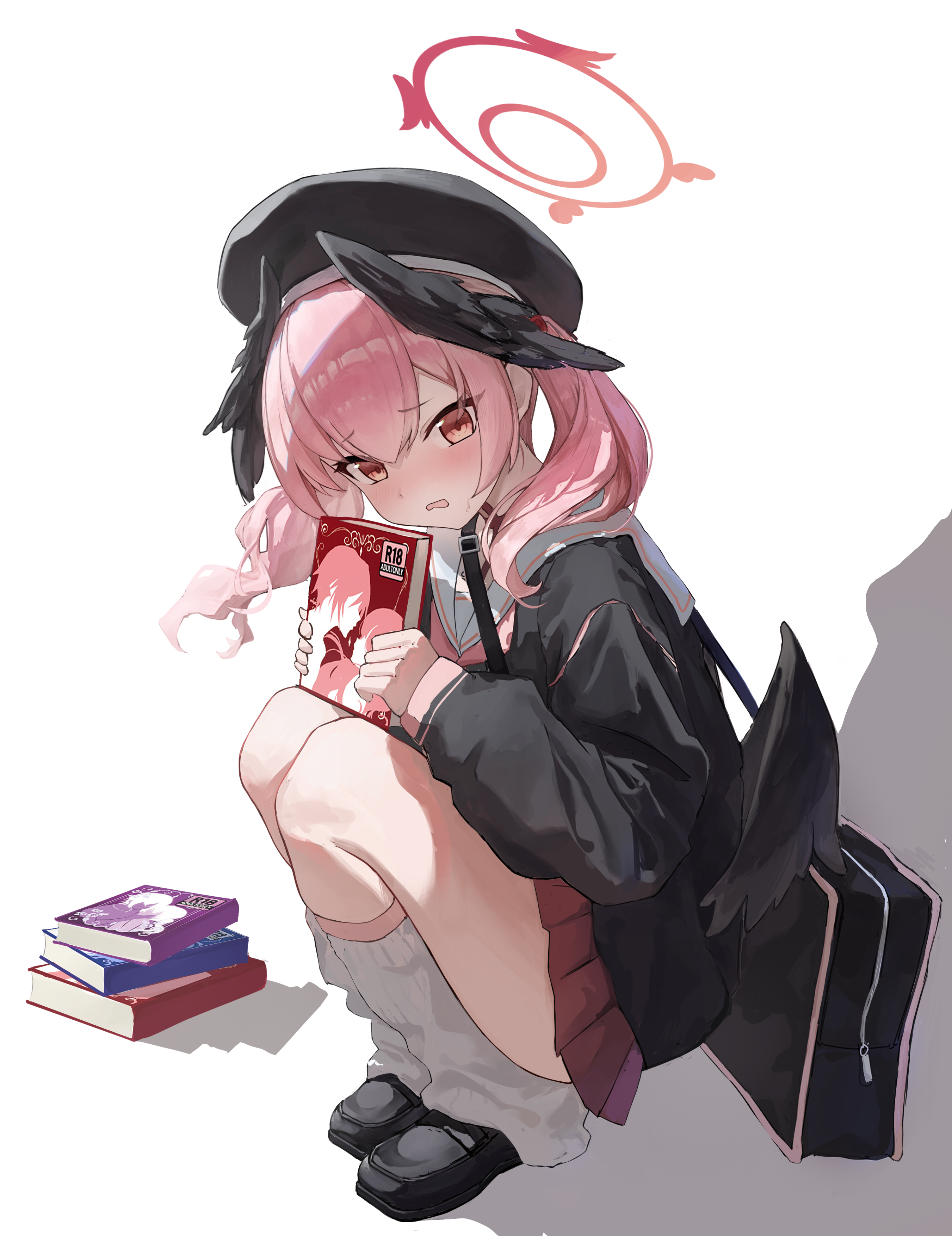 lao wo, koharu (blue archive), blue archive, absurdres, highres, 1girl, black shirt, black shoes, black wings, blush, book, feathered wings, from side, hair between eyes, halo, head wings, holding, holding book, leg warmers, long hair, looking at viewer, low wings, neckerchief, open mouth, pink eyes, pink hair, pink neckerchief, pink skirt, red halo, sailor collar, shirt, shoes, sidelocks, skirt, solo, squatting, sweatdrop, twintails, white leg warmers, white sailor collar, wings