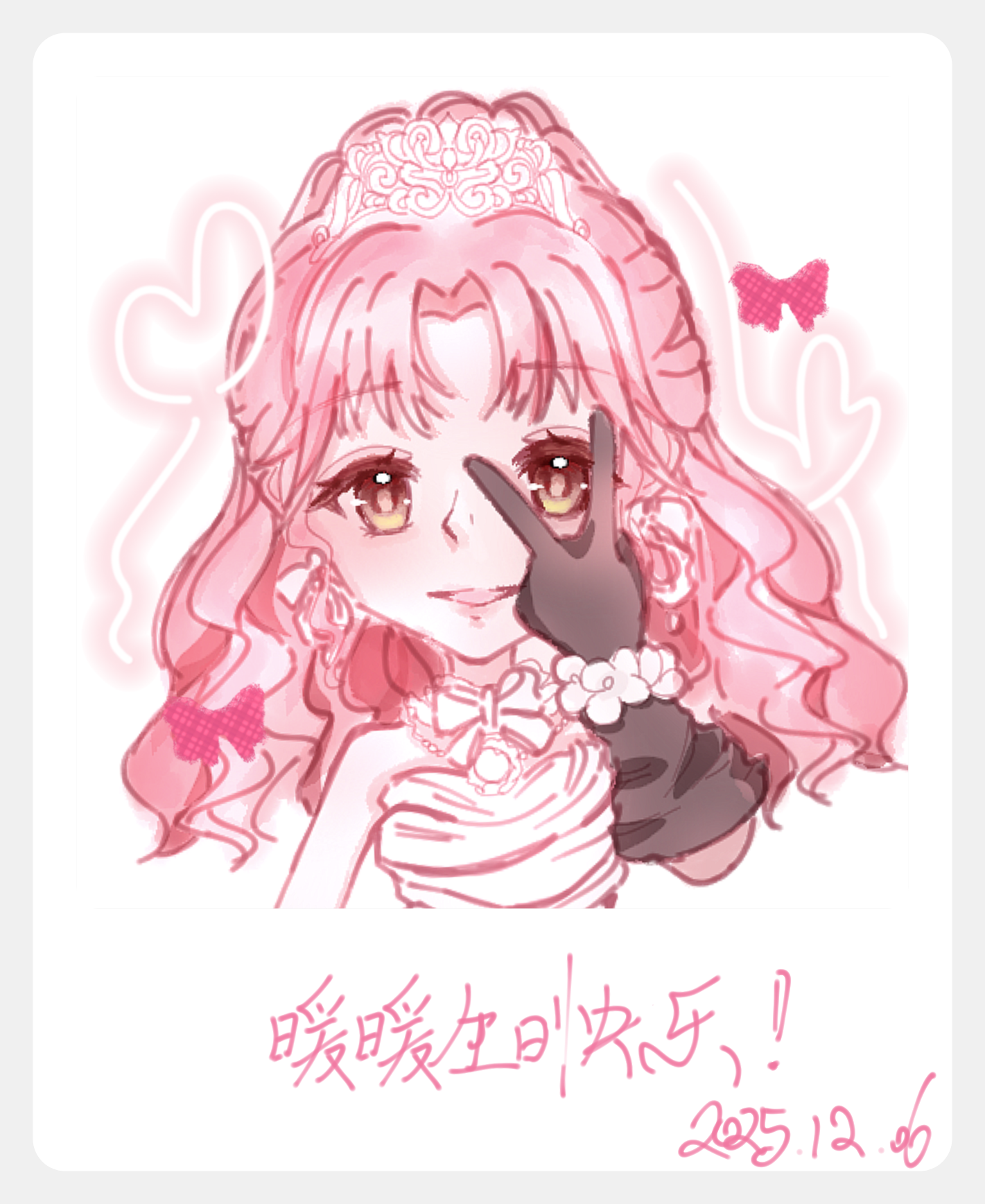 nikki (nikki), nikki (series), shining nikki, chinese commentary, commentary request, highres, translation request, 1girl, bead necklace, beads, black gloves, border, bow, bow choker, bowtie, bracelet, brown eyes, brown pupils, character name, chinese text, choker, cropped torso, dated, dress, earrings, eyelashes, flower, flower bracelet, gloves, grey border, hair bun, half updo, happy, heart, hoop earrings, jewelry, jian617048, long hair, necklace, parted bangs, pink hair, silky sweet dream (shining nikki), single hair bun, solo, straight-on, strapless, strapless dress, tiara, v, wavy hair, white background, white bow, white bowtie, white choker, white dress, white flower