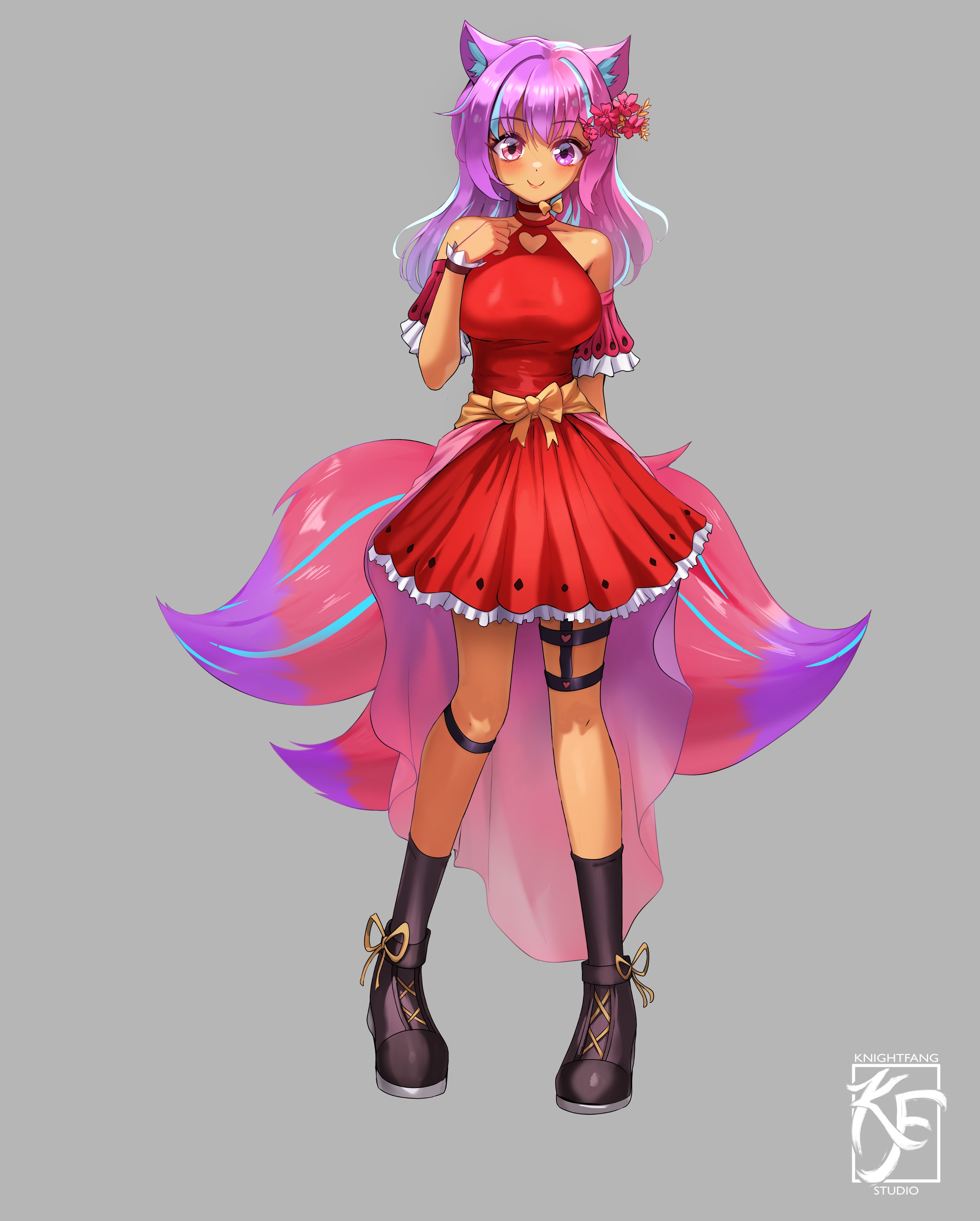 knightfang, absurdres, character request, copyright request, highres, 1girl, animal ear fluff, animal ears, artist logo, artist name, black boots, boots, bow, breasts, closed mouth, clothing cutout, dress, flower, grey background, hair flower, hair ornament, heart cutout, heterochromia, kneehighs, logo, pink eyes, pink flower, pink tail, purple eyes, purple hair, red dress, single kneehigh, single sock, sleeveless, sleeveless dress, smile, socks, solo, tan, yellow bow