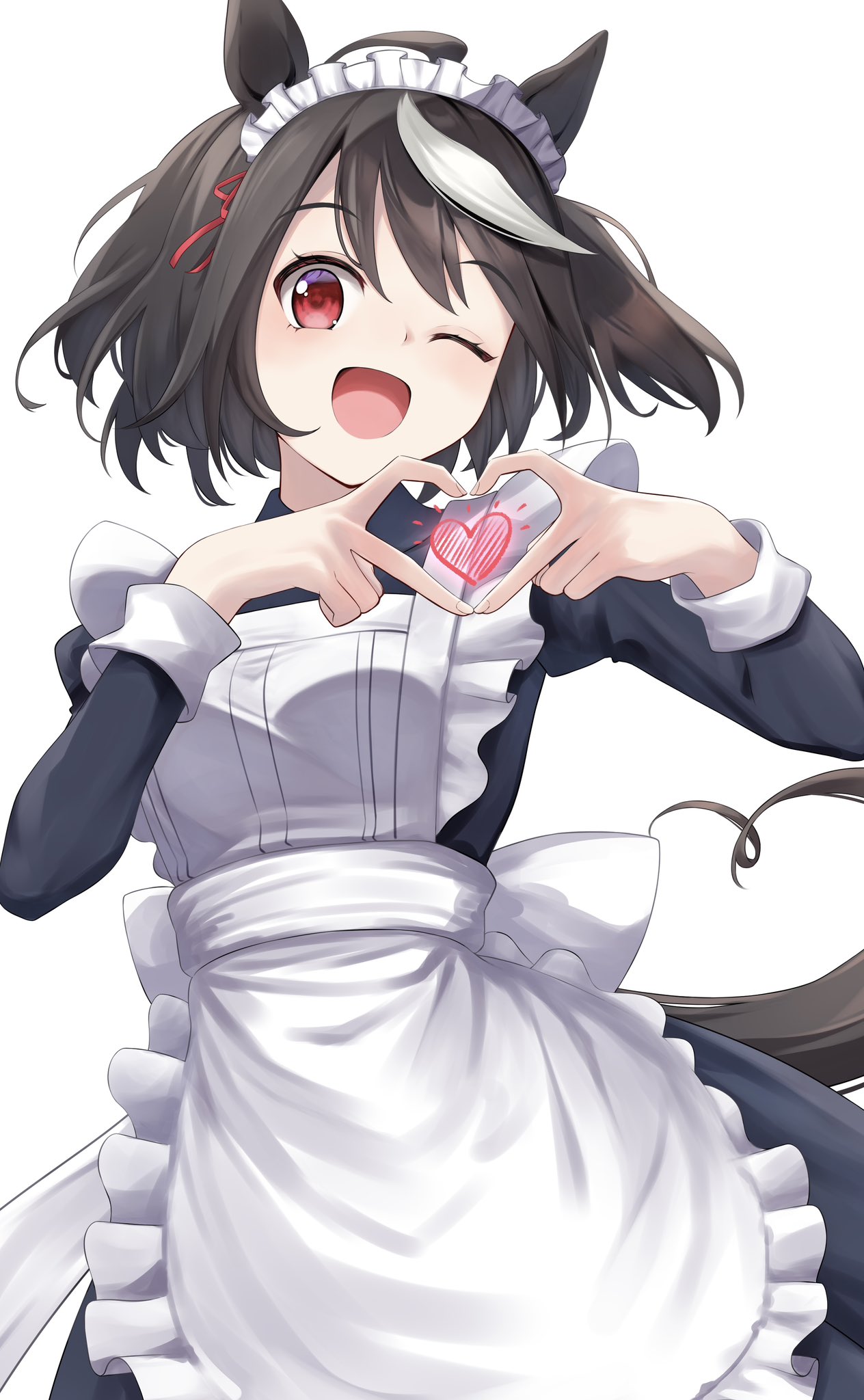 uine (bobhairshuki), kitasan black (umamusume), umamusume, commentary request, highres, 1girl, :d, alternate costume, animal ears, apron, back bow, black dress, black hair, bow, dress, enmaided, finger heart, frilled apron, frills, hands up, headband, heart, horse ears, horse girl, horse tail, long sleeves, maid, maid headdress, multicolored hair, one eye closed, open mouth, red ribbon, ribbon, simple background, smile, solo, streaked hair, tail, white apron, white background, white bow, white headband, white streaks