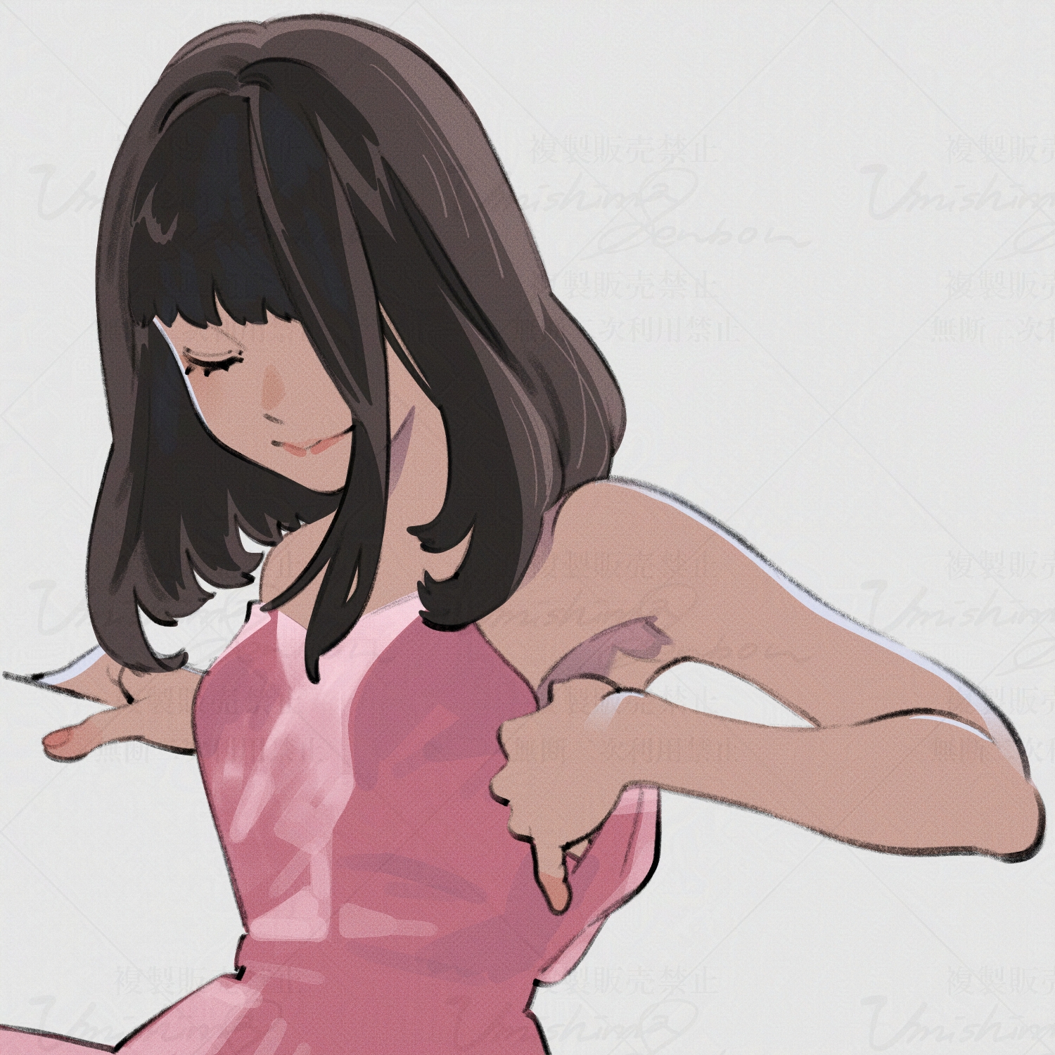 umishima senbon, original, commentary, english commentary, highres, 1girl, armpits, black hair, closed mouth, hands up, long hair, one eye covered, pink shirt, shirt, simple background, solo, strapless, strapless shirt, upper body, watermark, watermark grid, white background